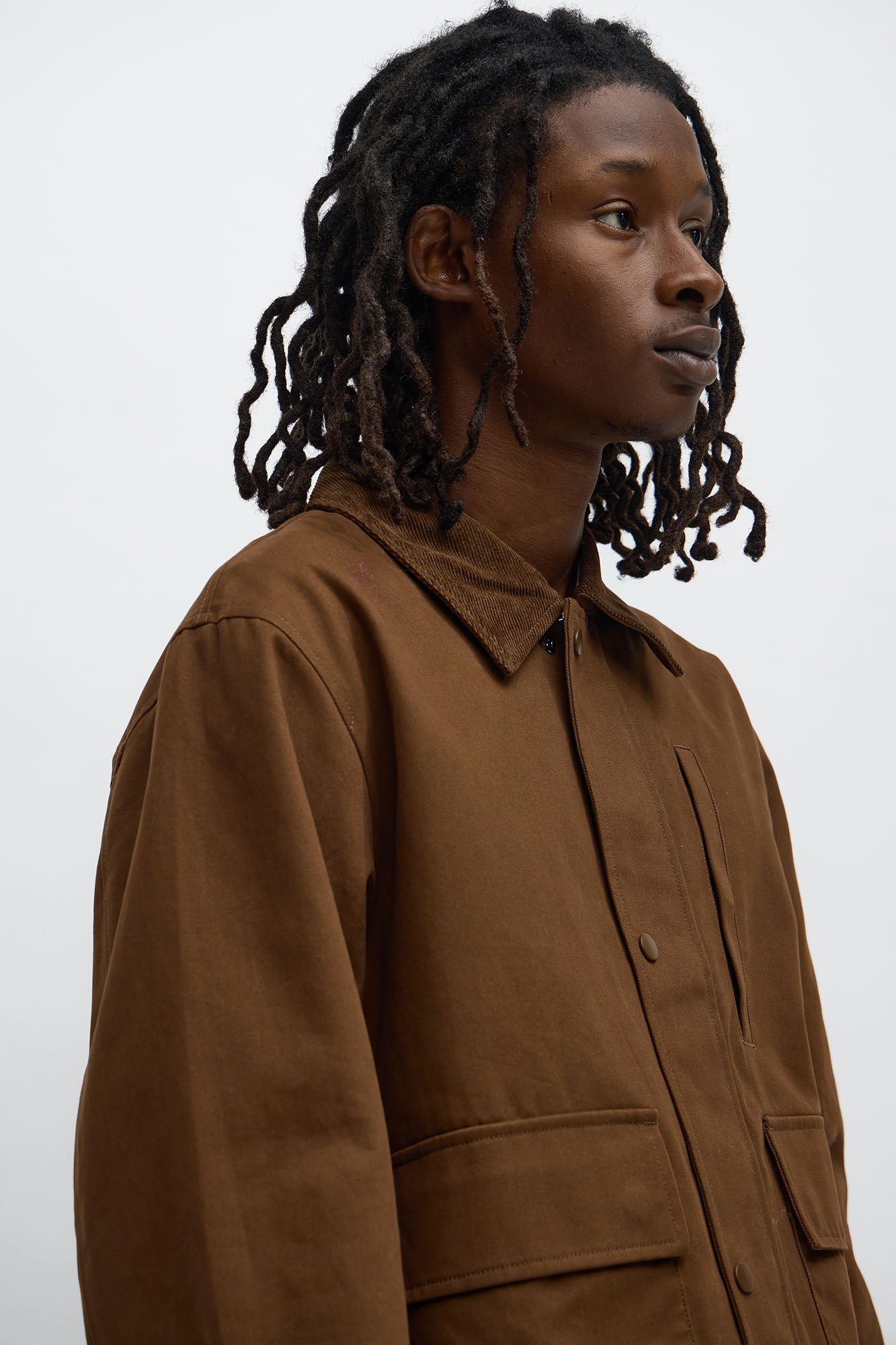 Cropped Utility Corduroy Collar Work Jacket - Brown