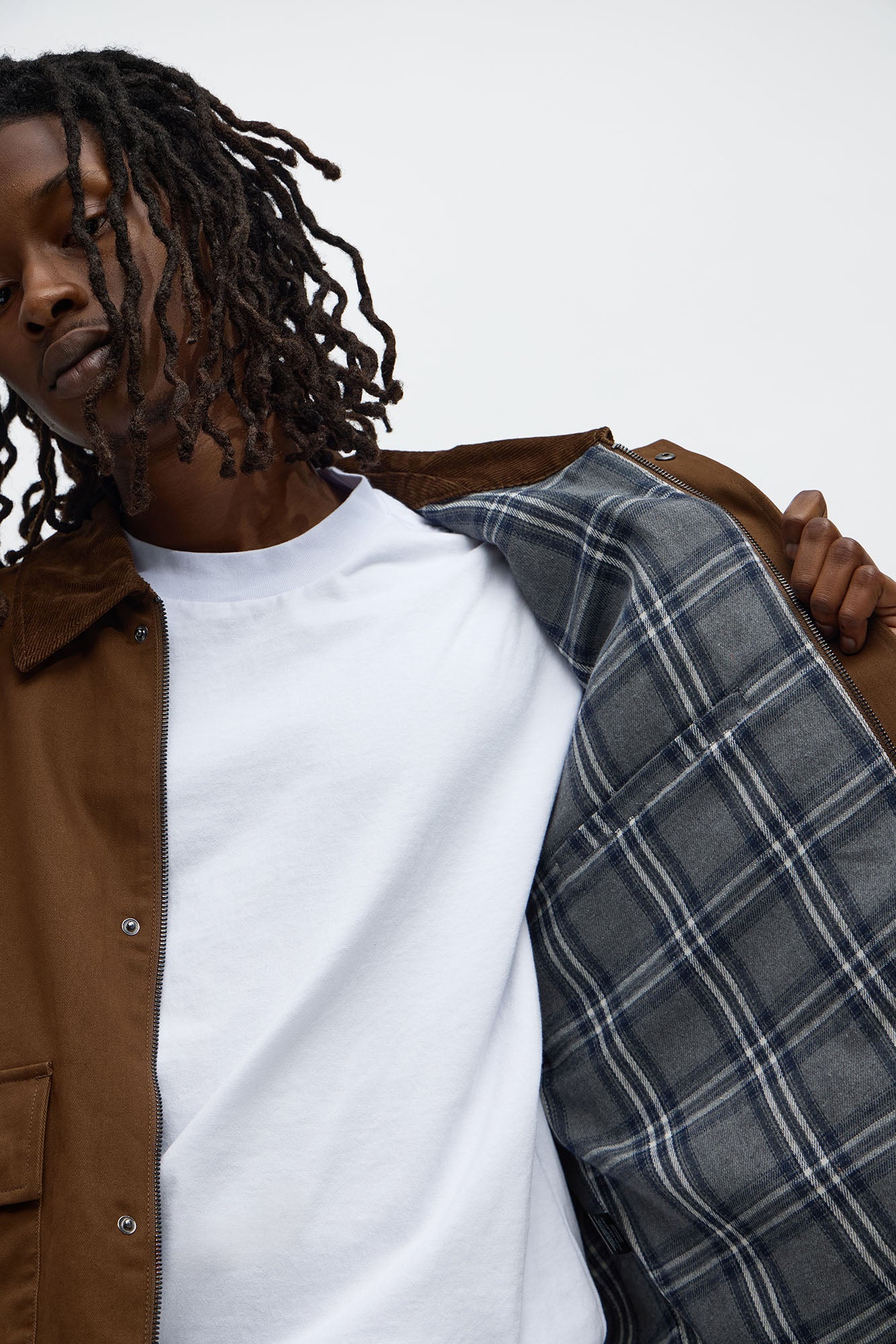 Cropped Utility Corduroy Collar Work Jacket - Brown