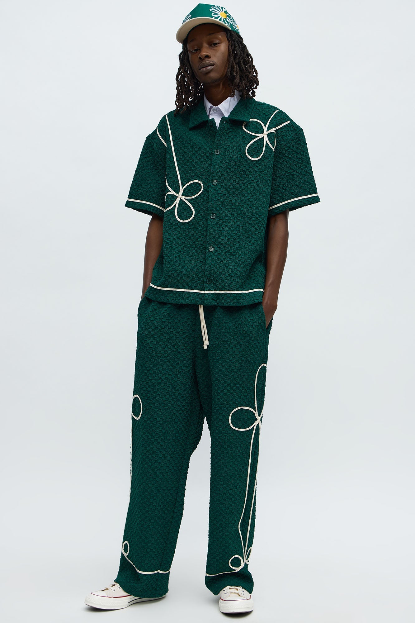 Baggy Soho Weave Applique Textured Pant - Green