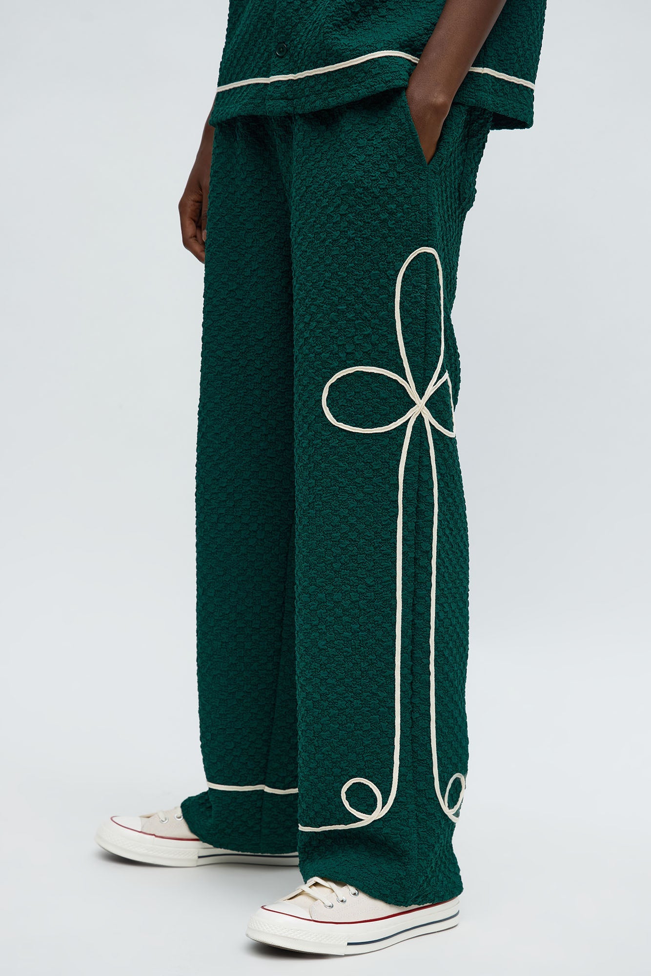 Baggy Soho Weave Applique Textured Pant - Green