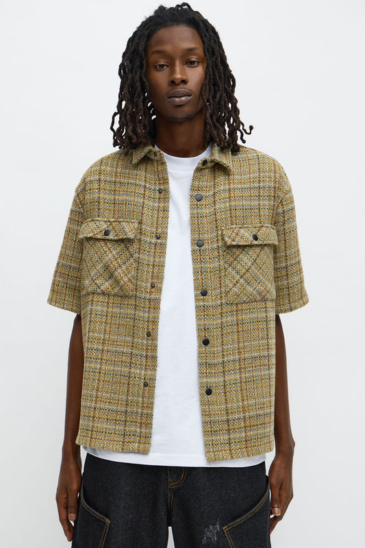 Cropped Tweed Button Up Shirt - Off White/combo