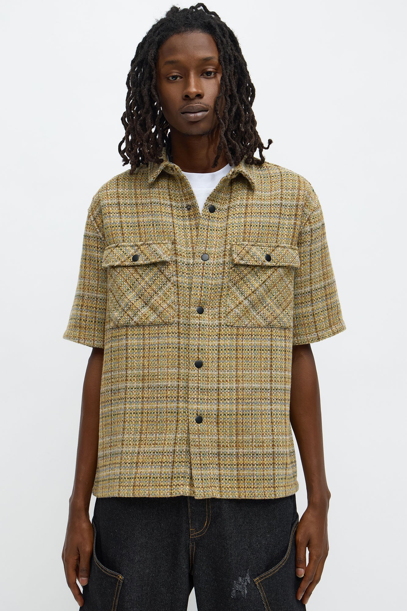 Cropped Tweed Button Up Shirt - Off White/combo