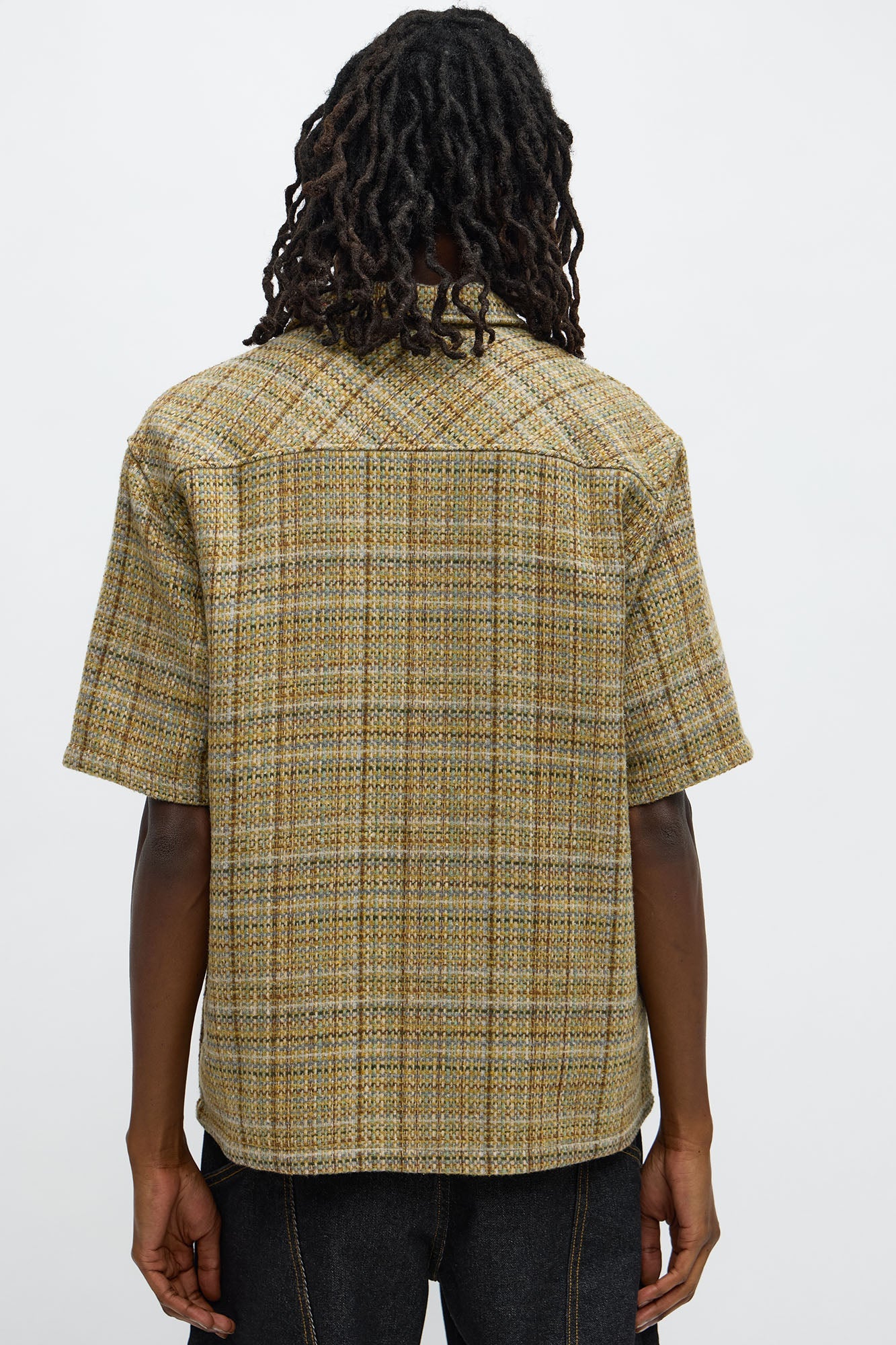 Cropped Tweed Button Up Shirt - Off White/combo