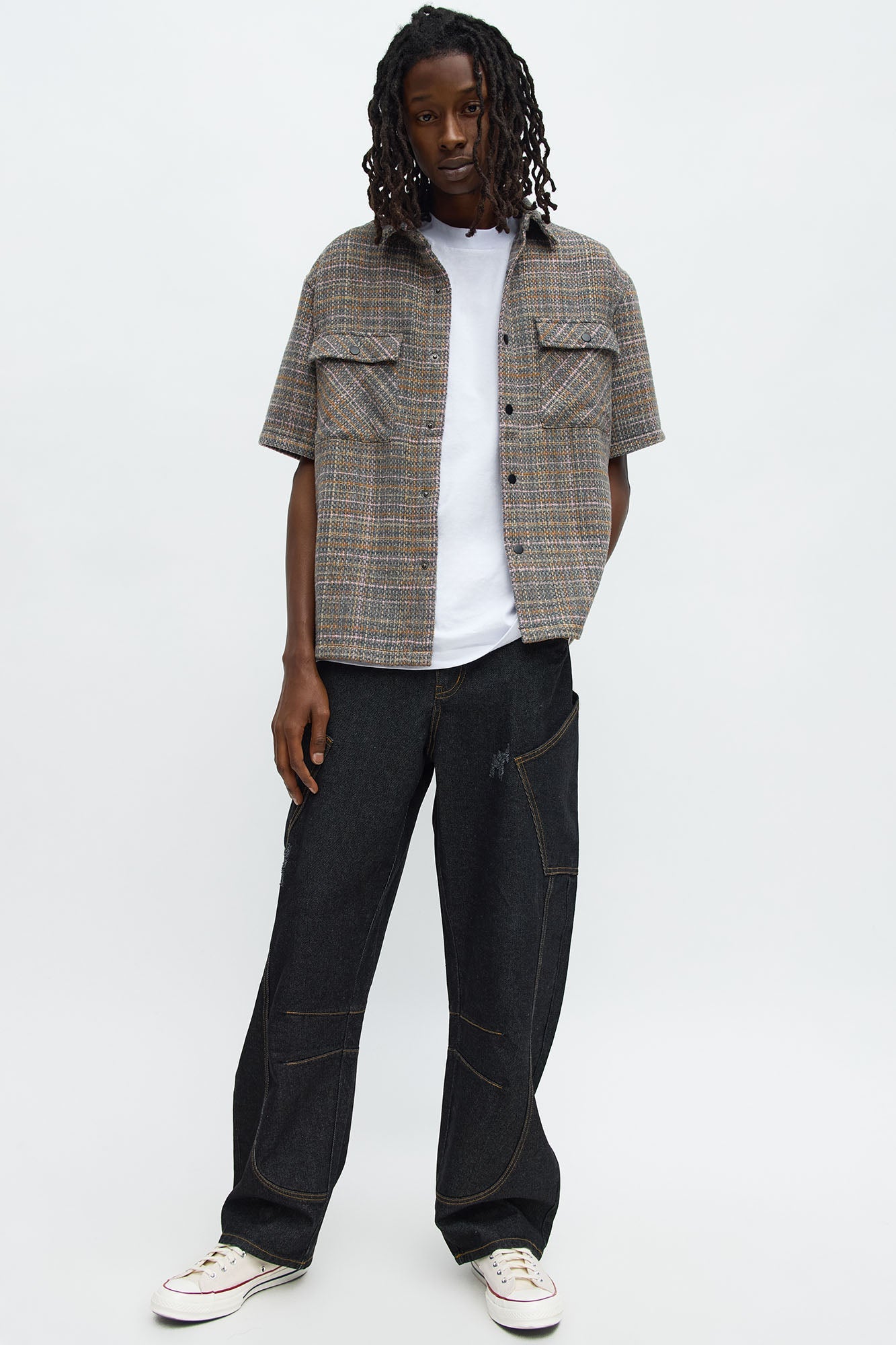 Cropped Tweed Button Up Shirt - Grey/combo