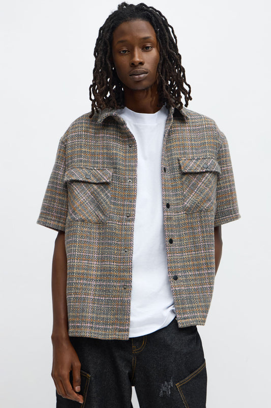 Cropped Tweed Button Up Shirt - Grey/combo