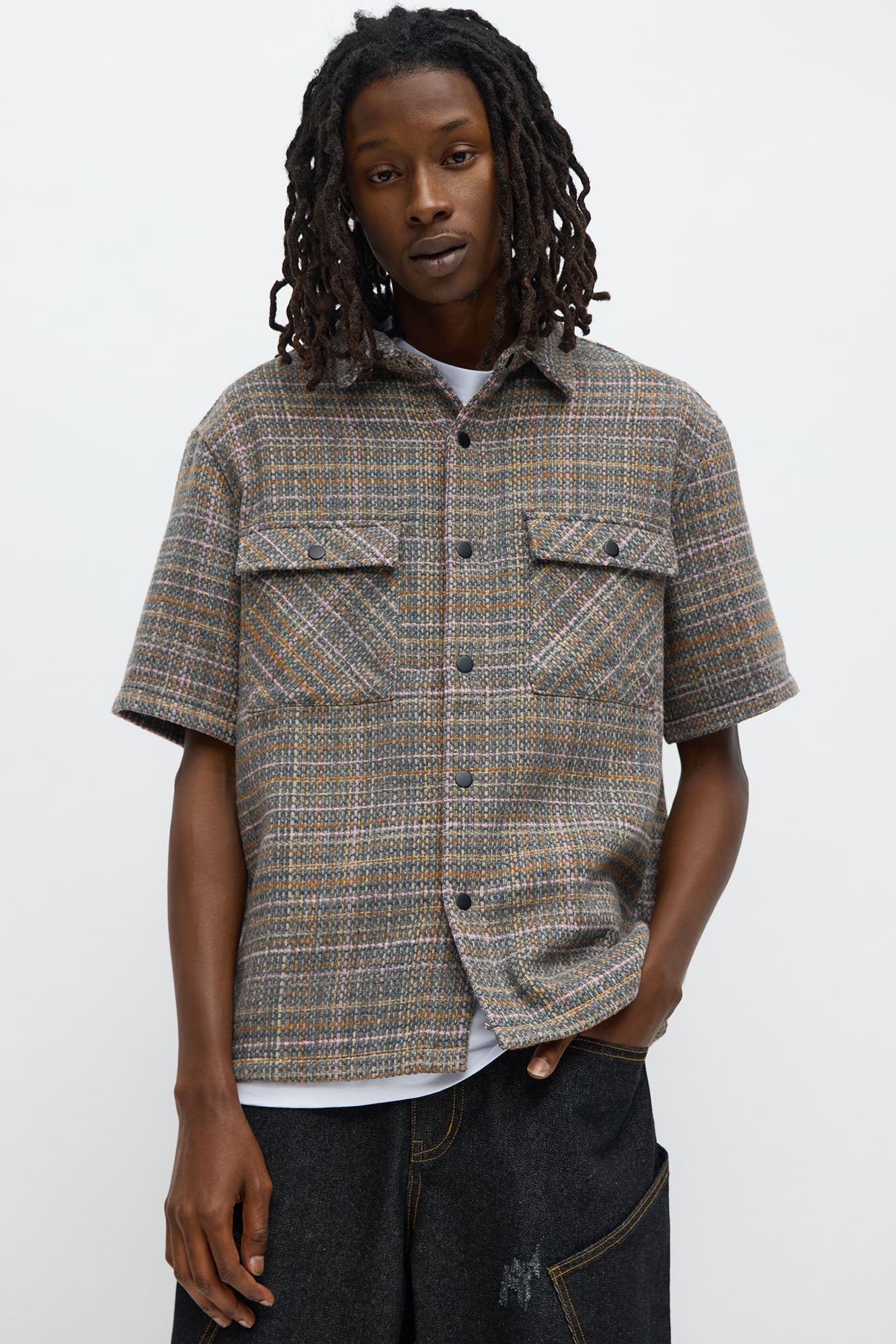 Cropped Tweed Button Up Shirt - Grey/combo