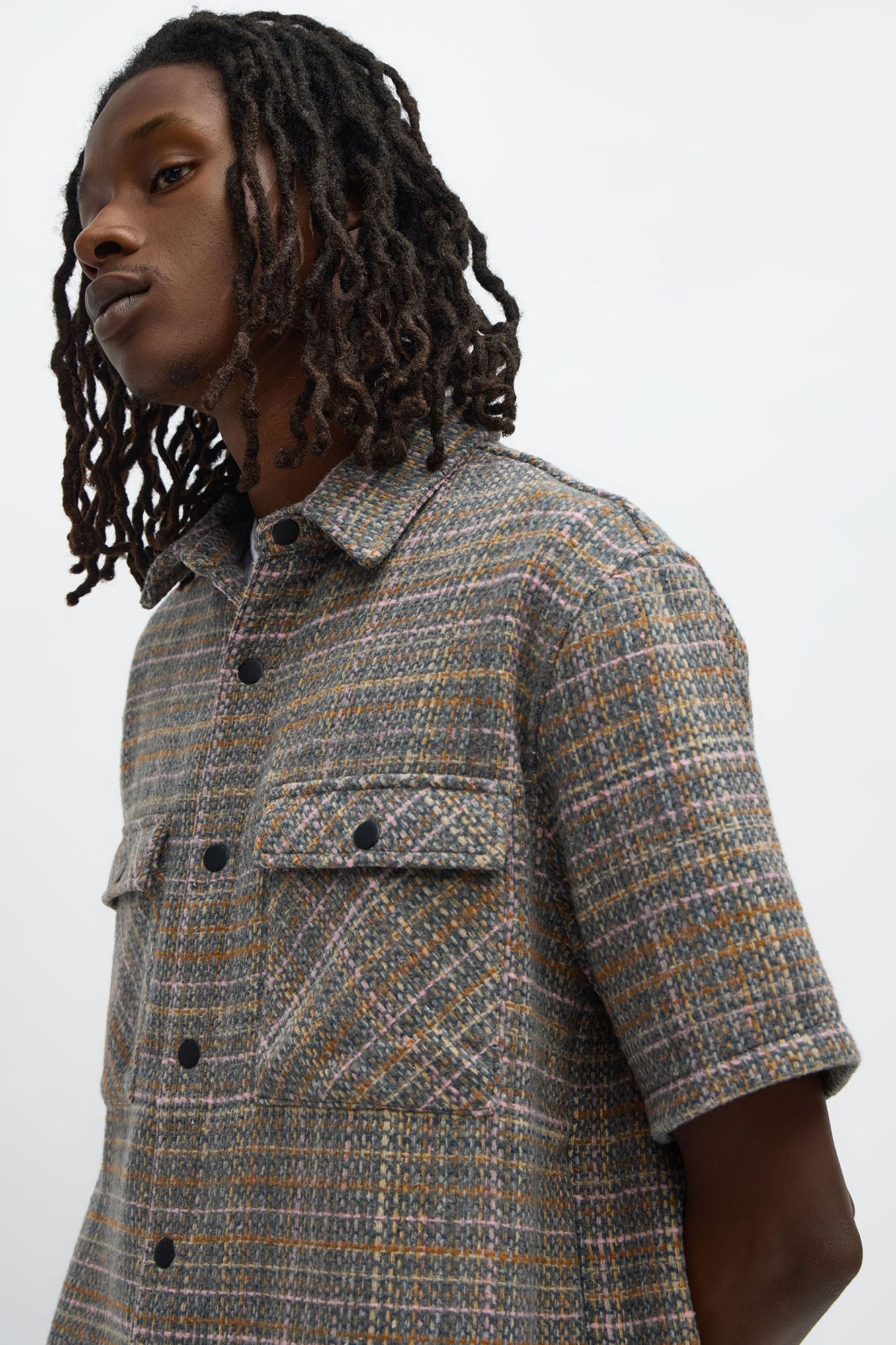 Cropped Tweed Button Up Shirt - Grey/combo