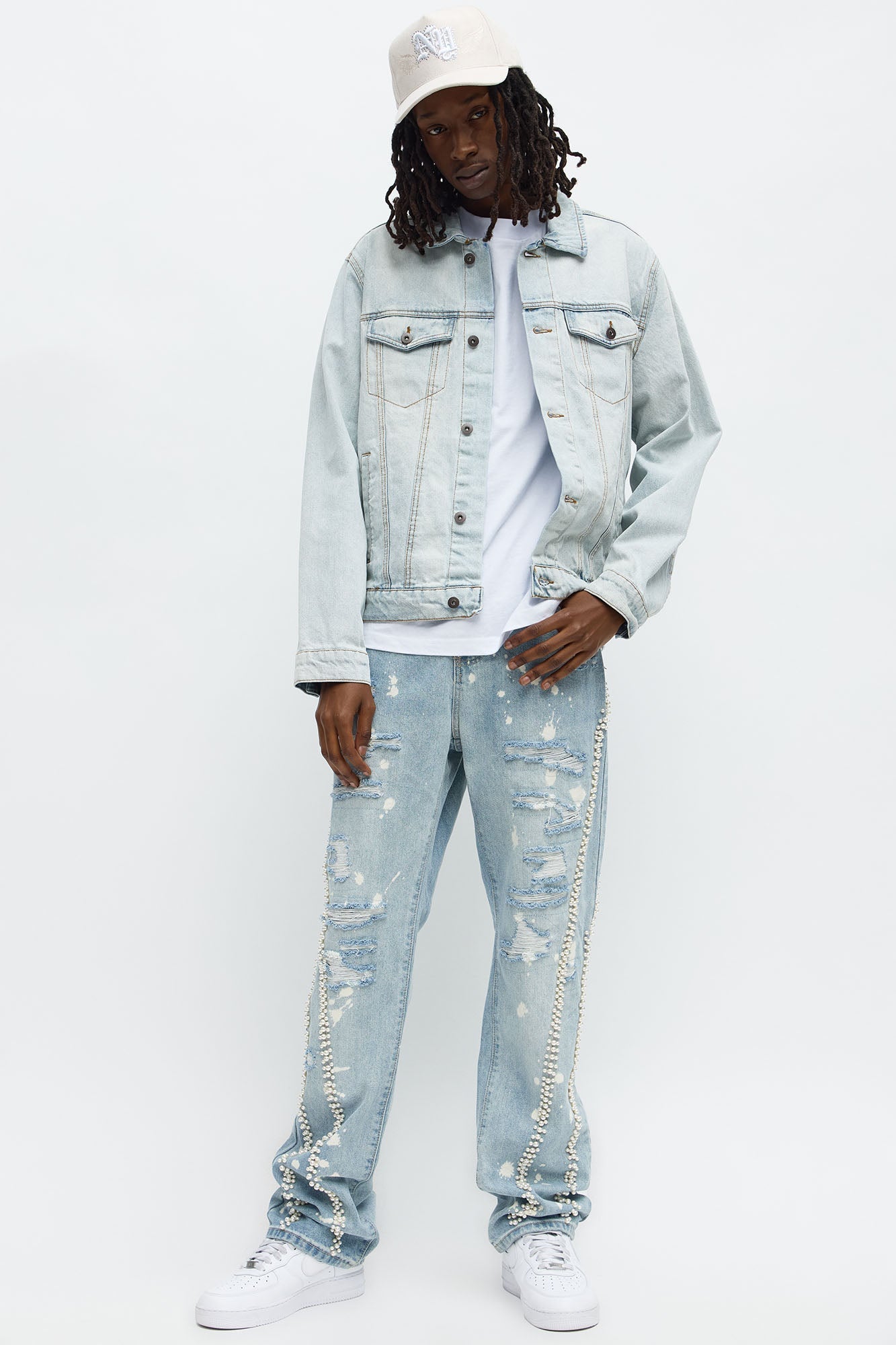 Straight Pearls And Destroyed Bleached Jean - Light Wash