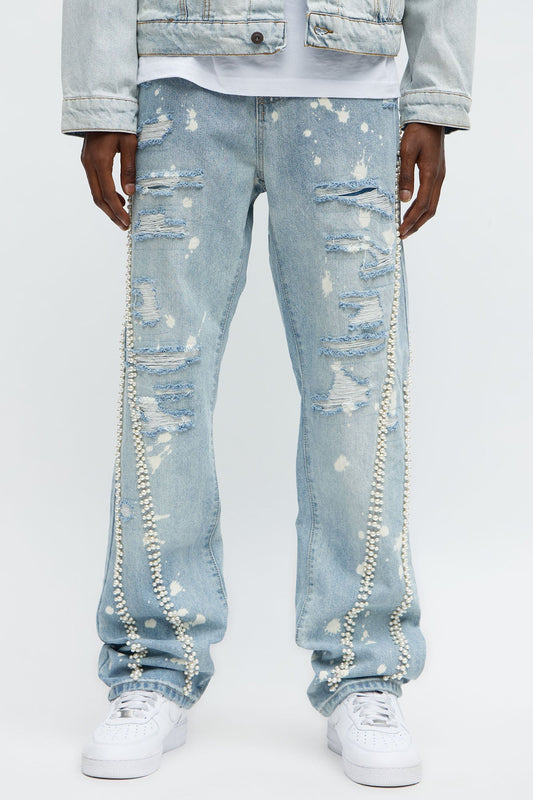 Straight Pearls And Destroyed Bleached Jean - Light Wash