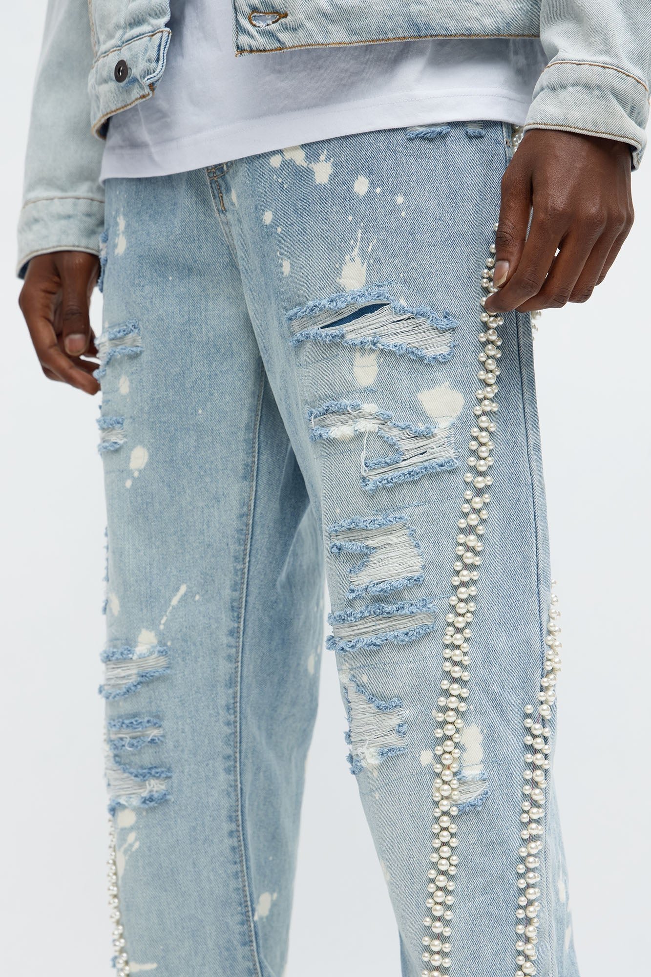 Straight Pearls And Destroyed Bleached Jean - Light Wash