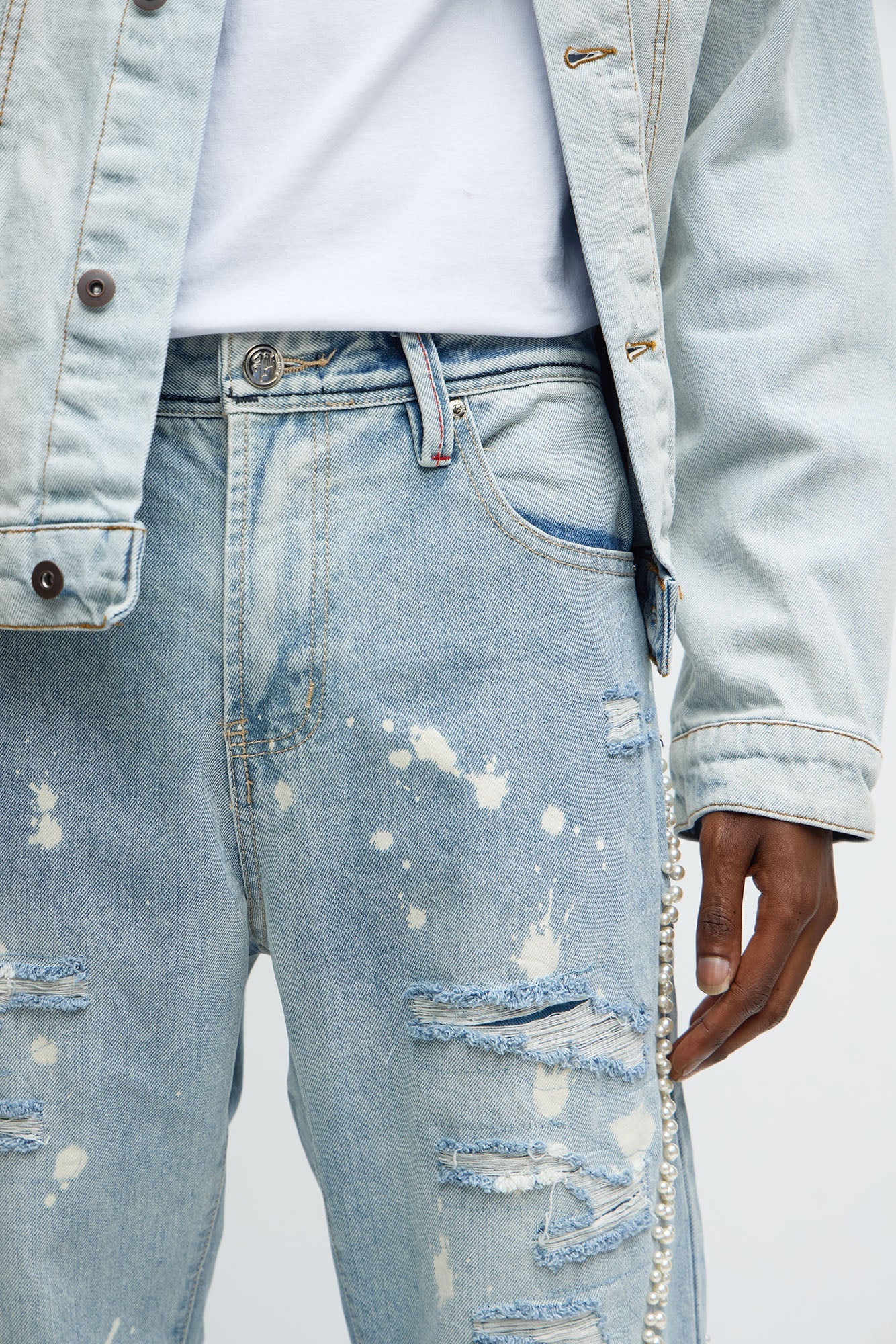 Straight Pearls And Destroyed Bleached Jean - Light Wash