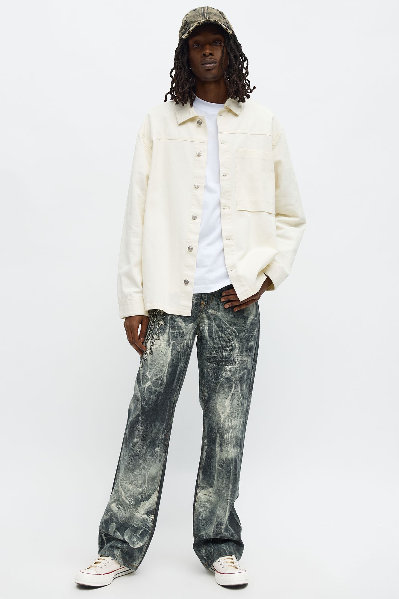 Baggy Skulls And Chains Printed Jean - Black Wash