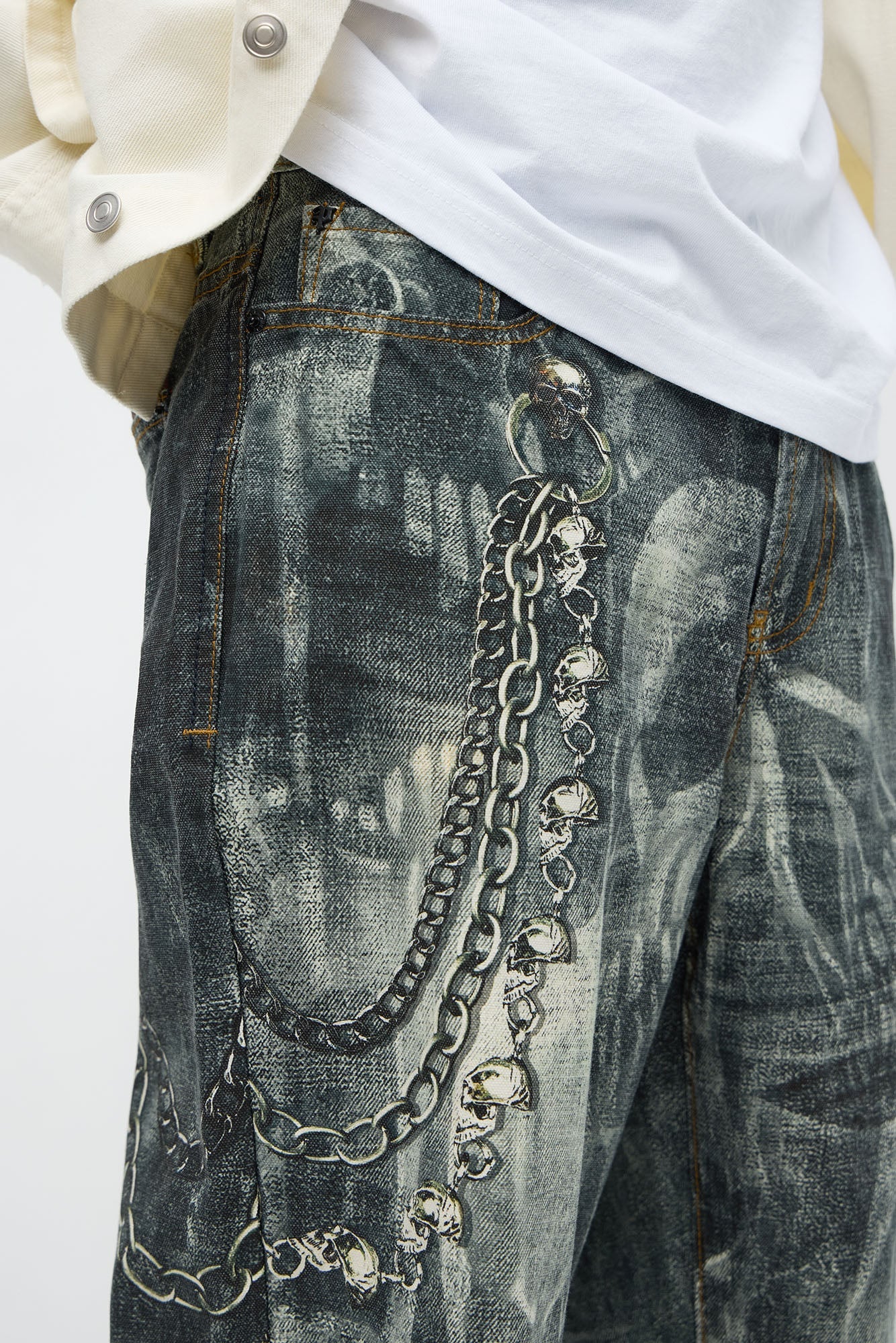 Baggy Skulls And Chains Printed Jean - Black Wash