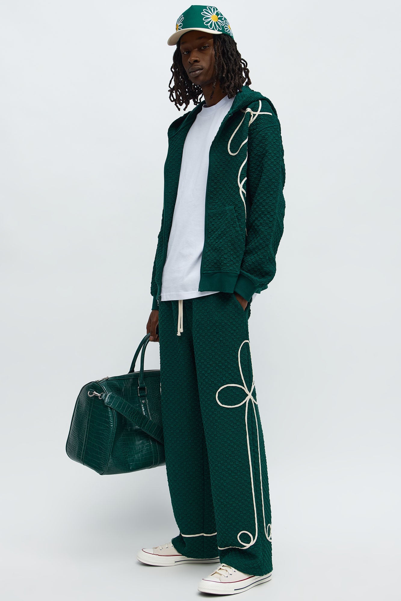 Soho Weave Applique Textured Zip Hoodie - Green