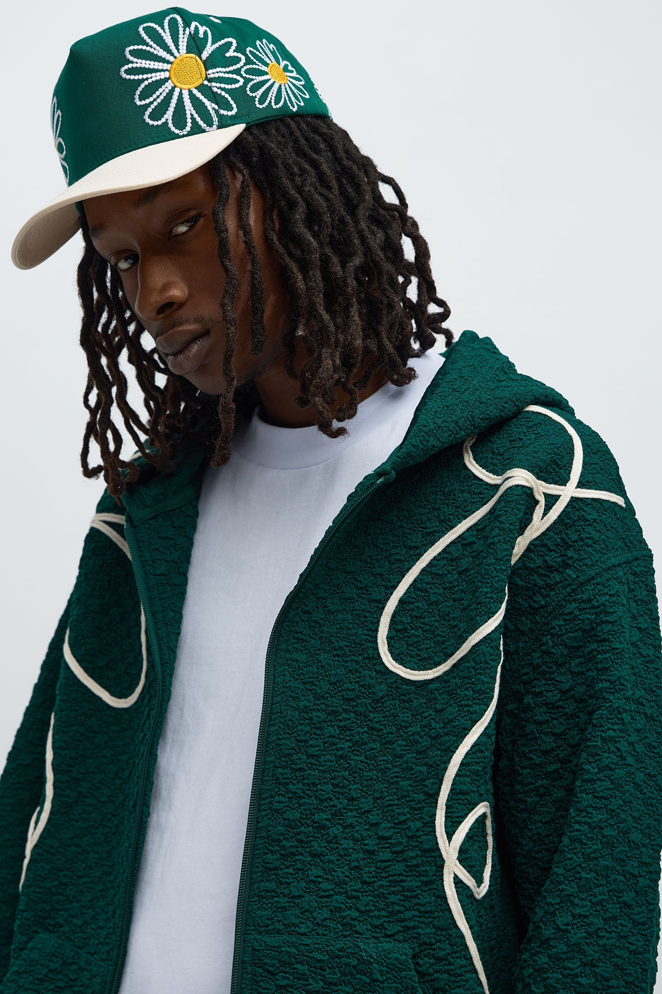 Soho Weave Applique Textured Zip Hoodie - Green