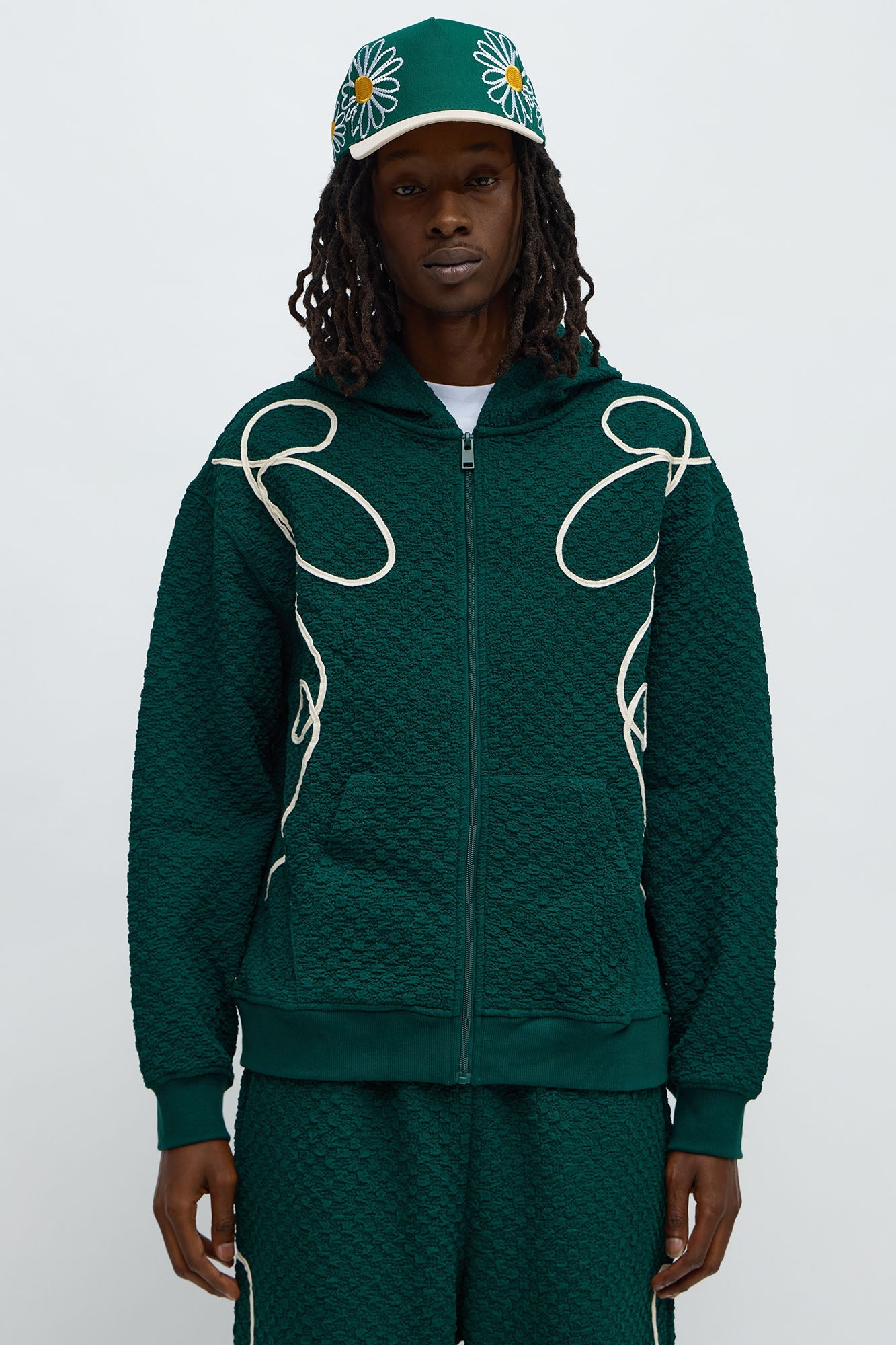 Soho Weave Applique Textured Zip Hoodie - Green