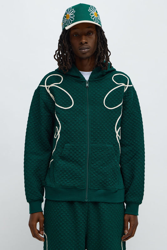 Soho Weave Applique Textured Zip Hoodie - Green