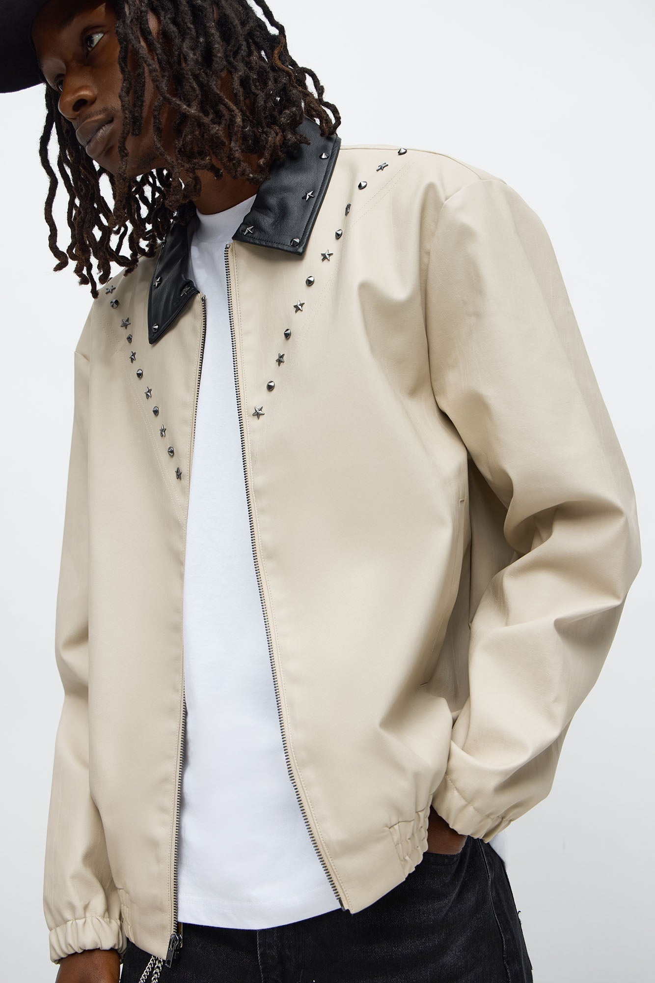 Studded Star Faux Leather Work Jacket - Taupe