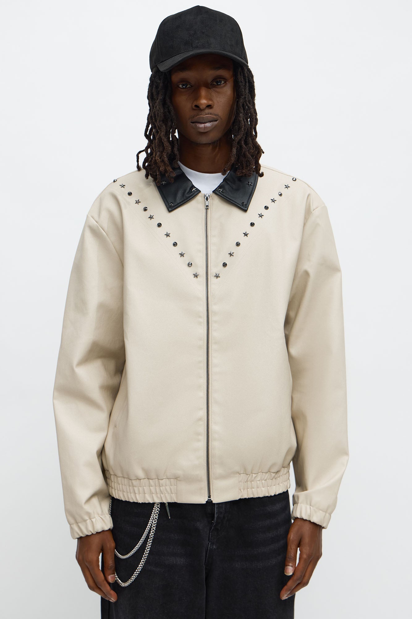 Studded Star Faux Leather Work Jacket - Taupe