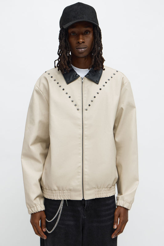 Studded Star Faux Leather Work Jacket - Taupe