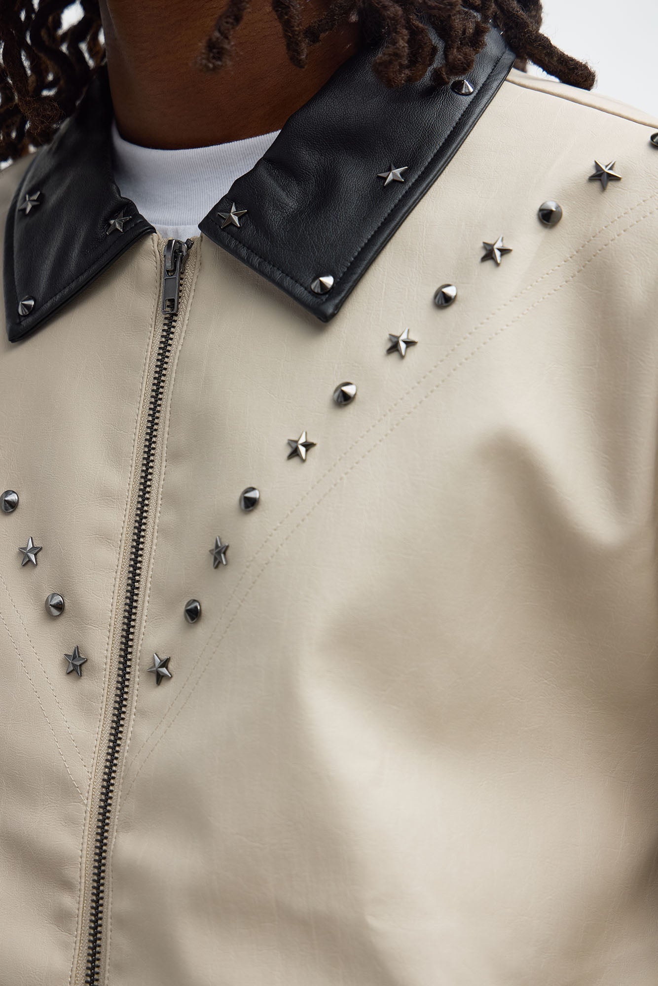 Studded Star Faux Leather Work Jacket - Taupe