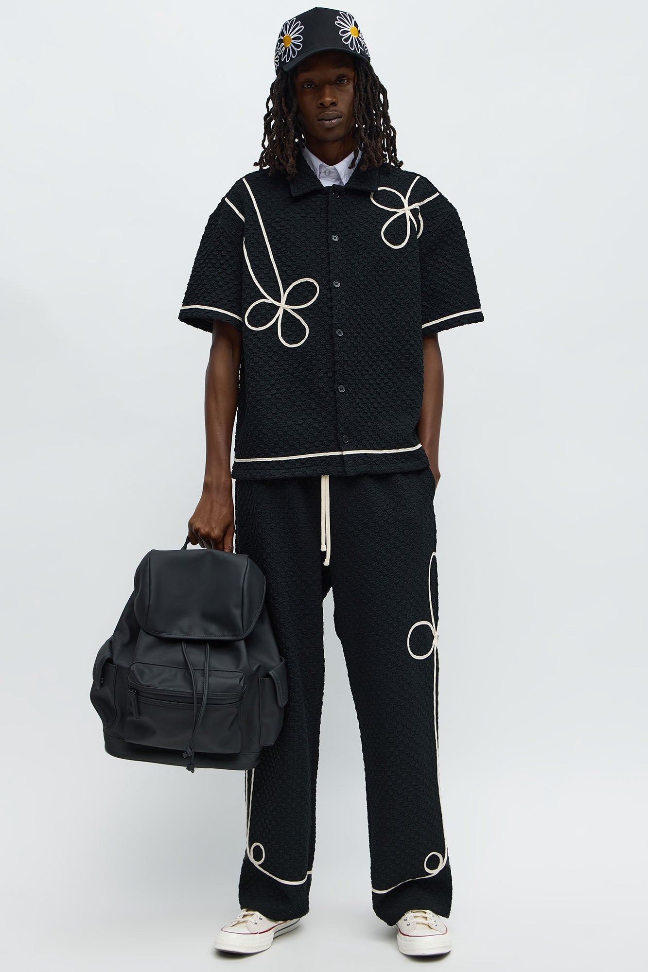 Boxy Soho Weave Applique Textured Button Up Shirt - Black