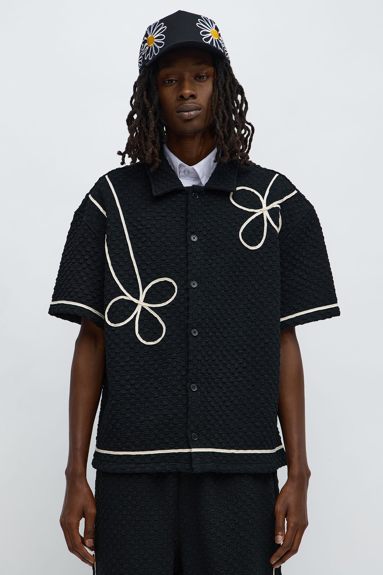 Boxy Soho Weave Applique Textured Button Up Shirt - Black