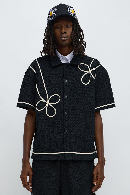 Boxy Soho Weave Applique Textured Button Up Shirt - Black
