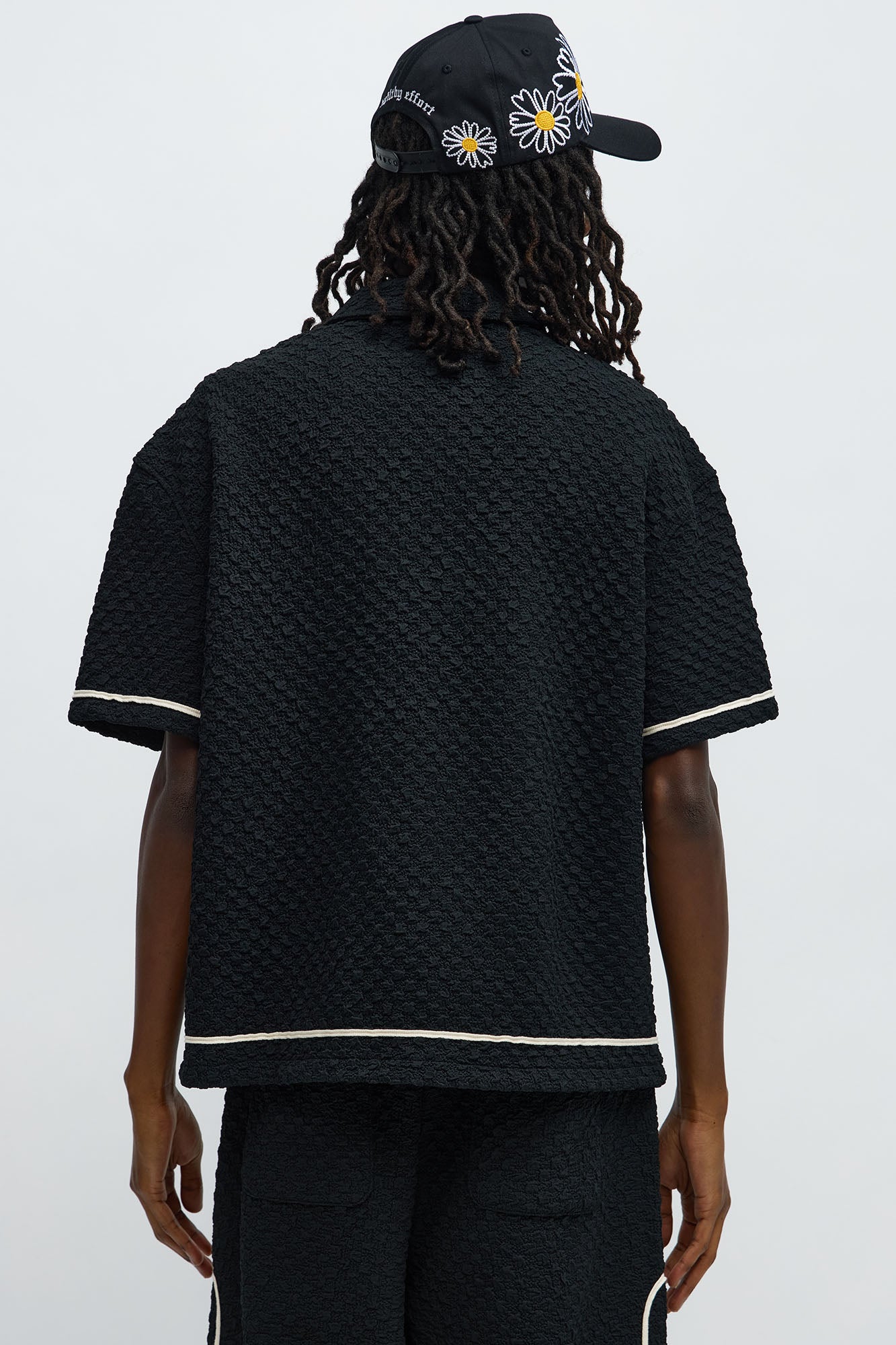 Boxy Soho Weave Applique Textured Button Up Shirt - Black