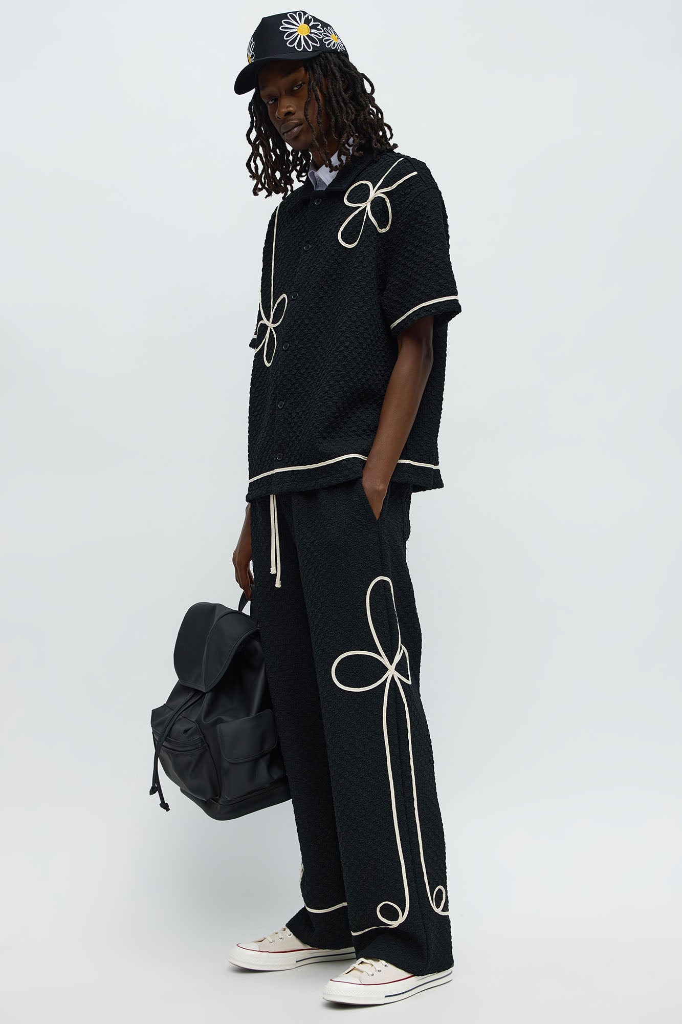 Baggy Soho Weave Applique Textured Pant - Black