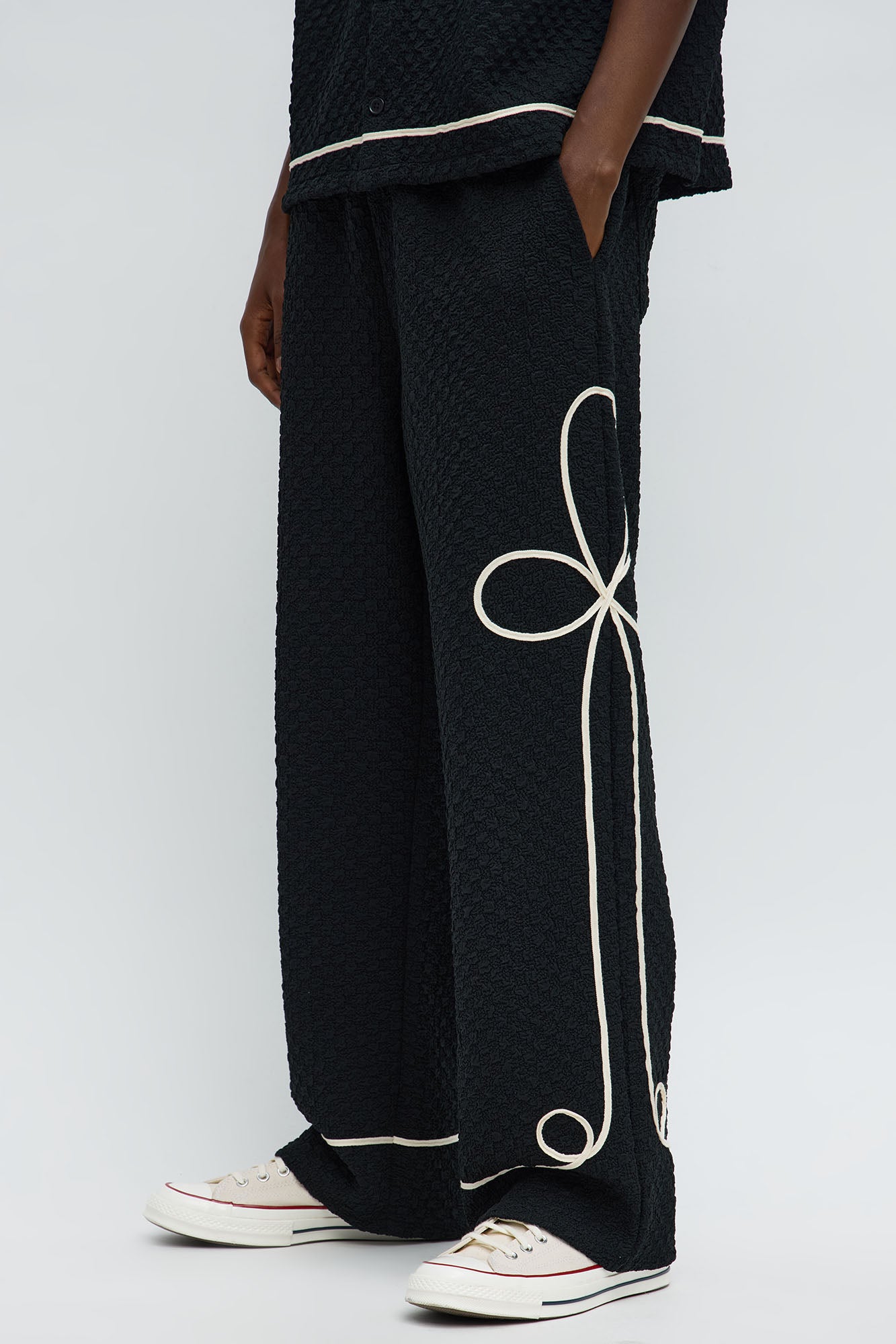 Baggy Soho Weave Applique Textured Pant - Black