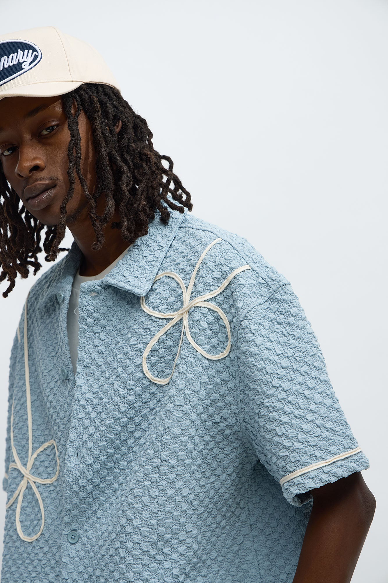 Boxy Soho Weave Applique Textured Button Up Shirt - Light Blue