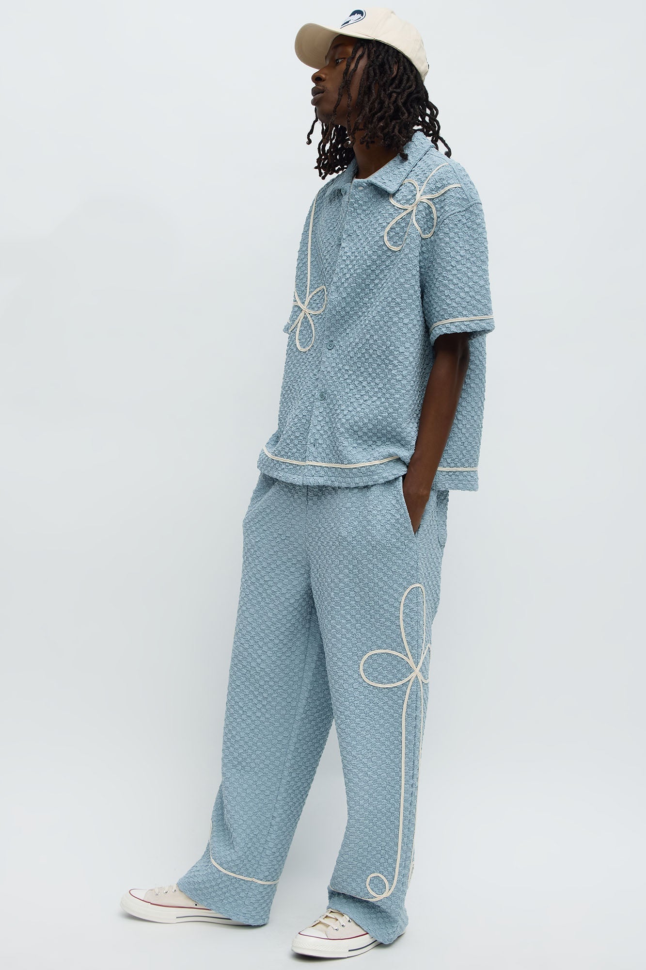 Baggy Soho Weave Applique Textured Pant - Light Blue