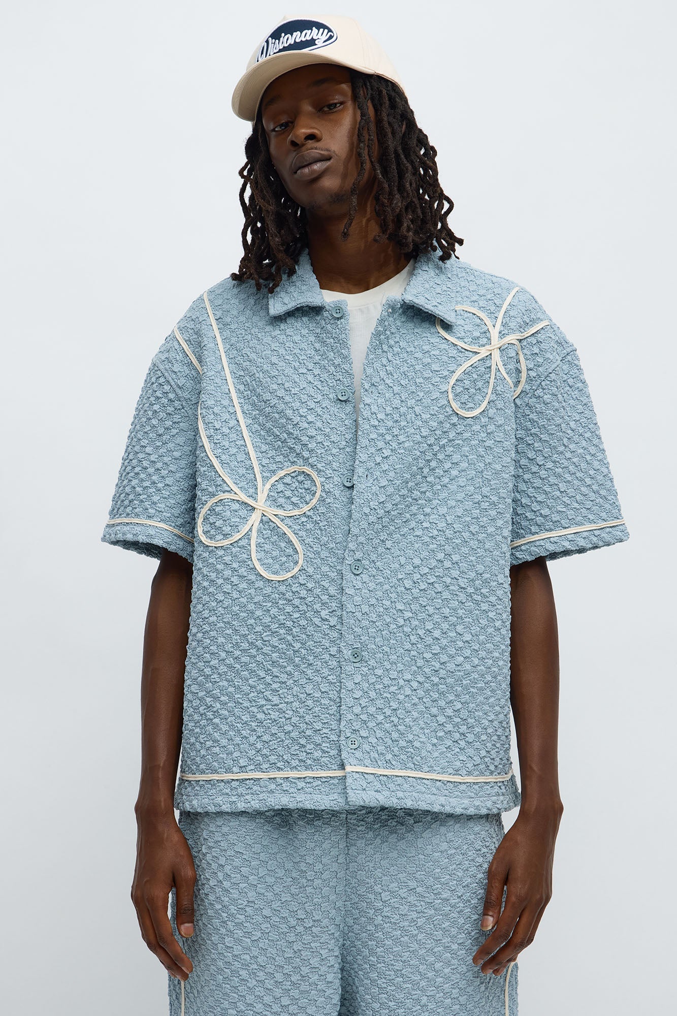 Boxy Soho Weave Applique Textured Button Up Shirt - Light Blue