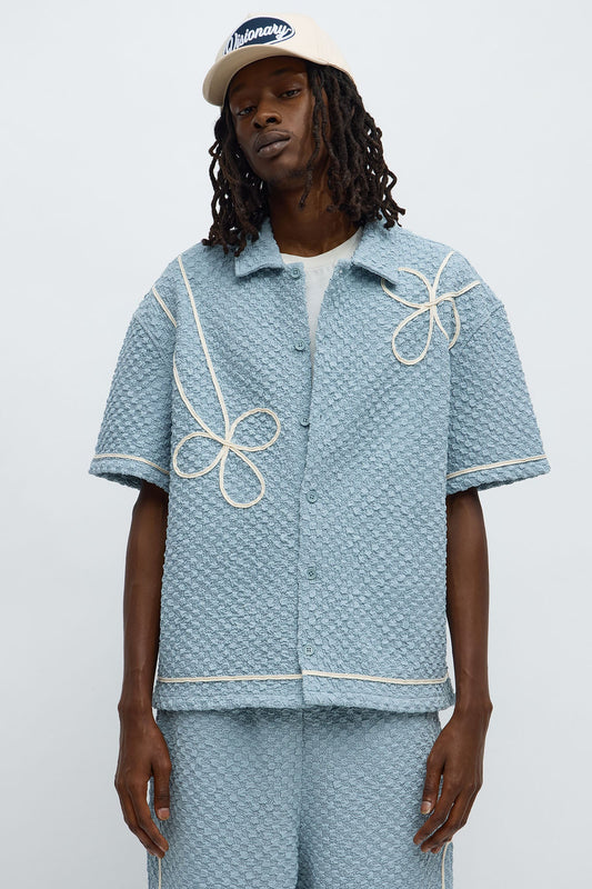 Boxy Soho Weave Applique Textured Button Up Shirt - Light Blue