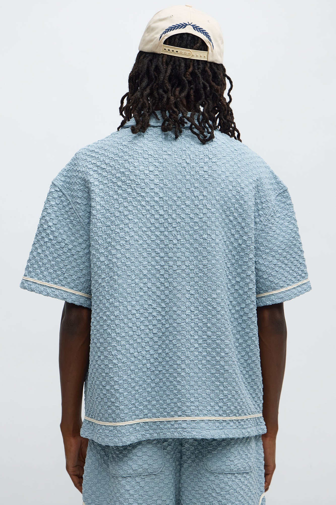 Boxy Soho Weave Applique Textured Button Up Shirt - Light Blue