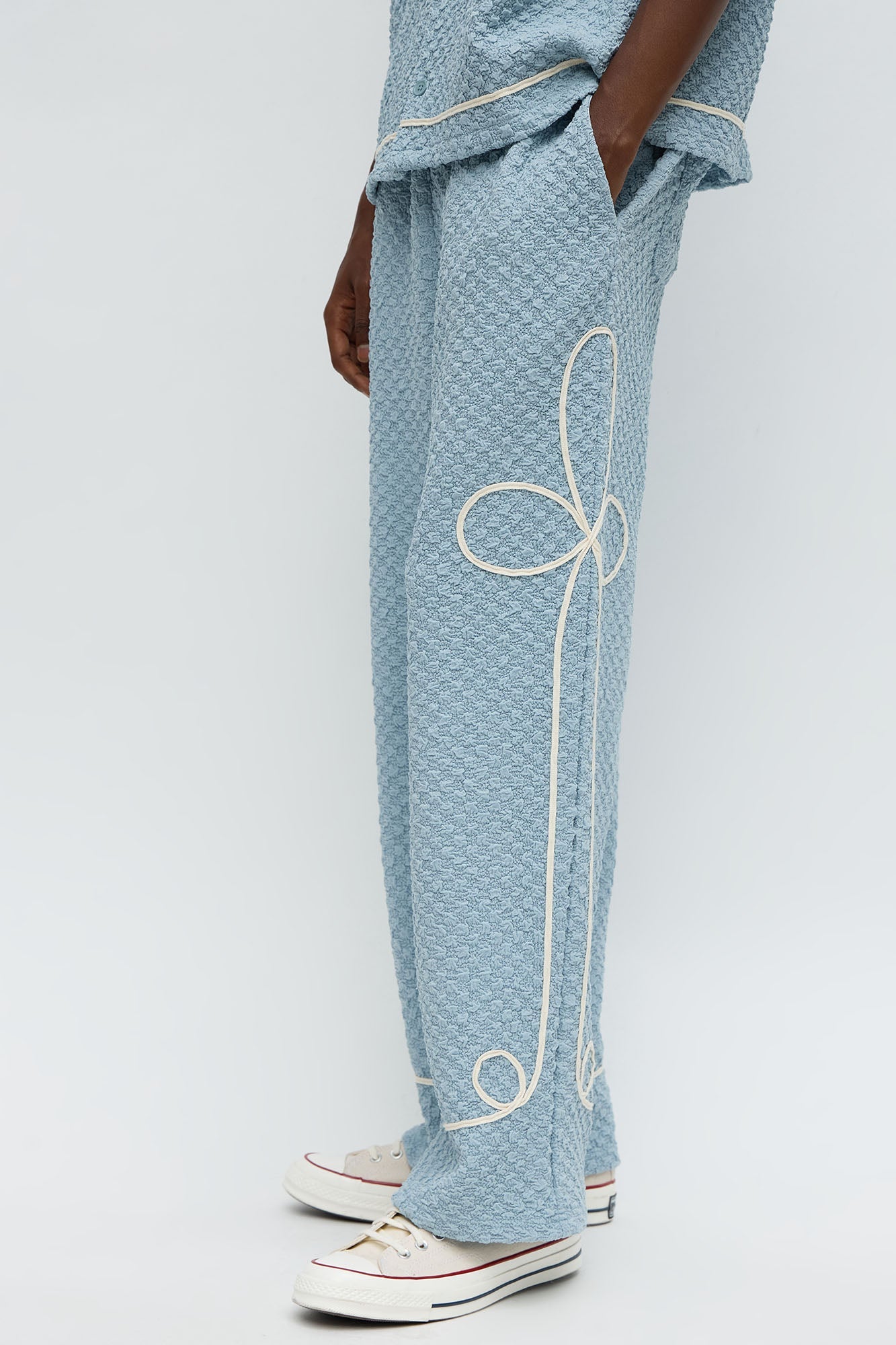 Baggy Soho Weave Applique Textured Pant - Light Blue