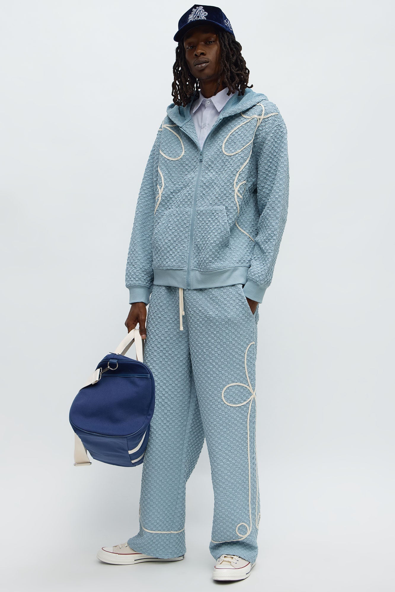 Soho Weave Applique Textured Zip Hoodie - Light Blue