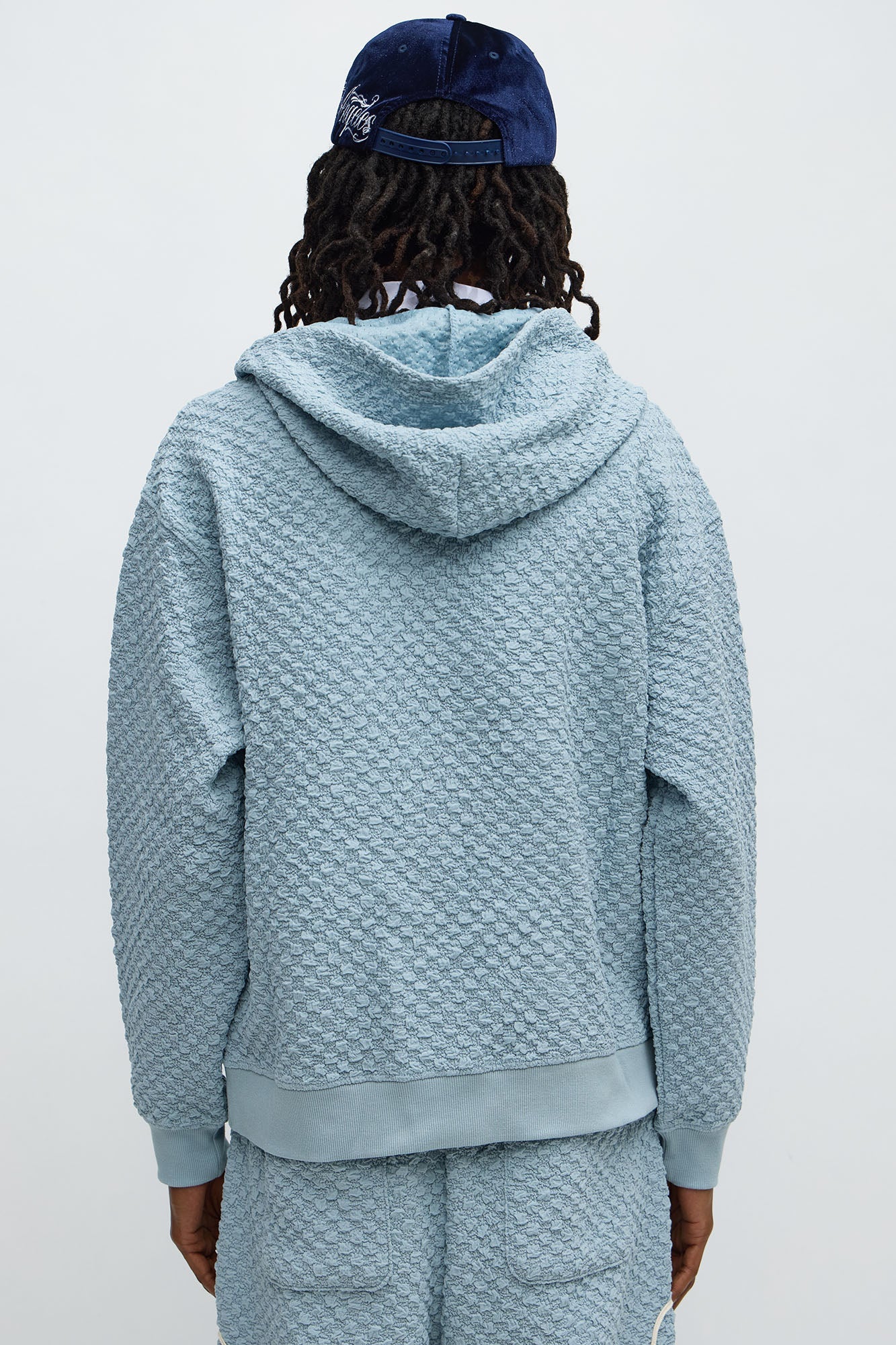 Soho Weave Applique Textured Zip Hoodie - Light Blue
