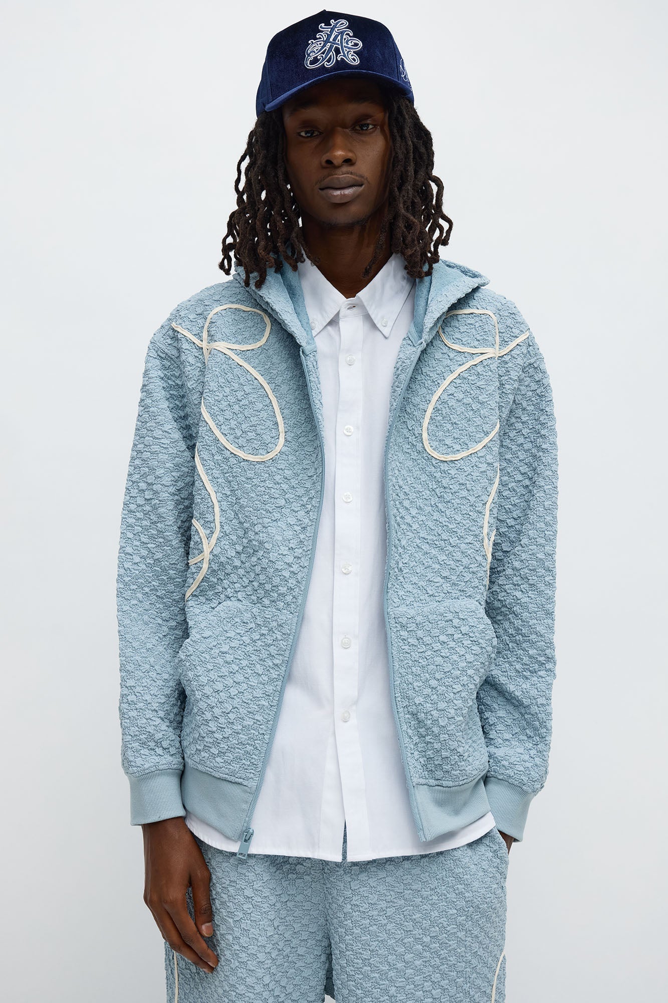 Soho Weave Applique Textured Zip Hoodie - Light Blue