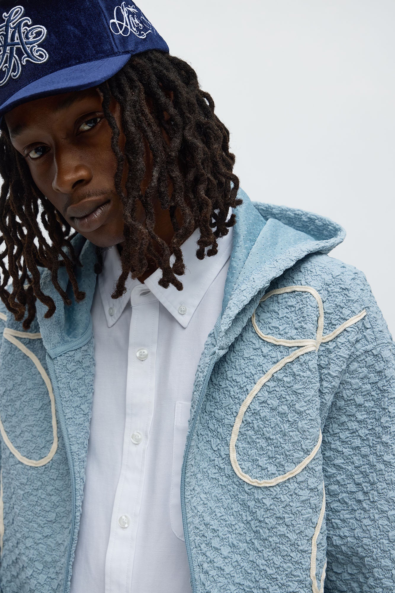 Soho Weave Applique Textured Zip Hoodie - Light Blue