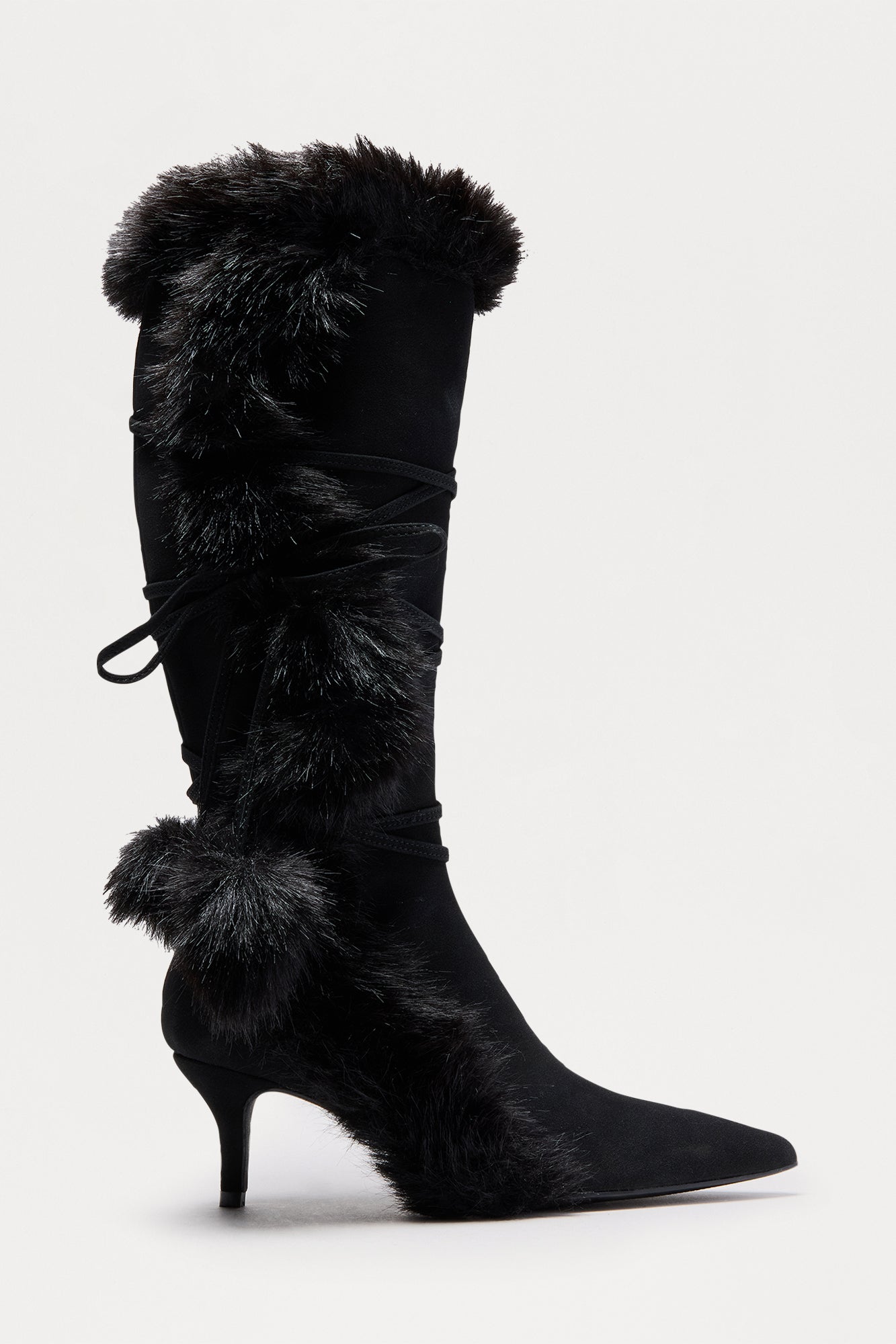 Pompom Faux Fur Boots - Black