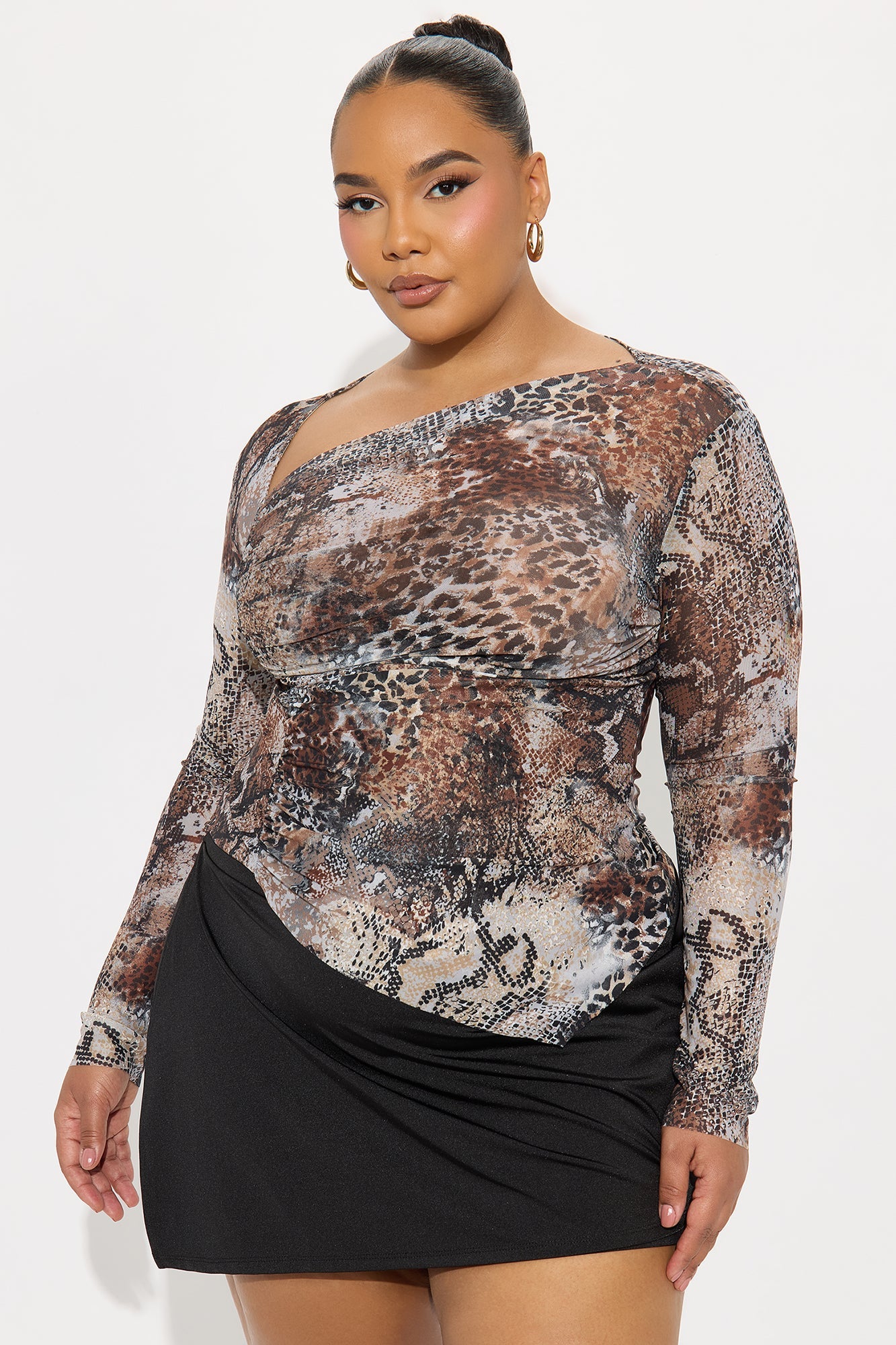 Xaviera Ruched Asymmetrical Mesh Top - Brown/combo