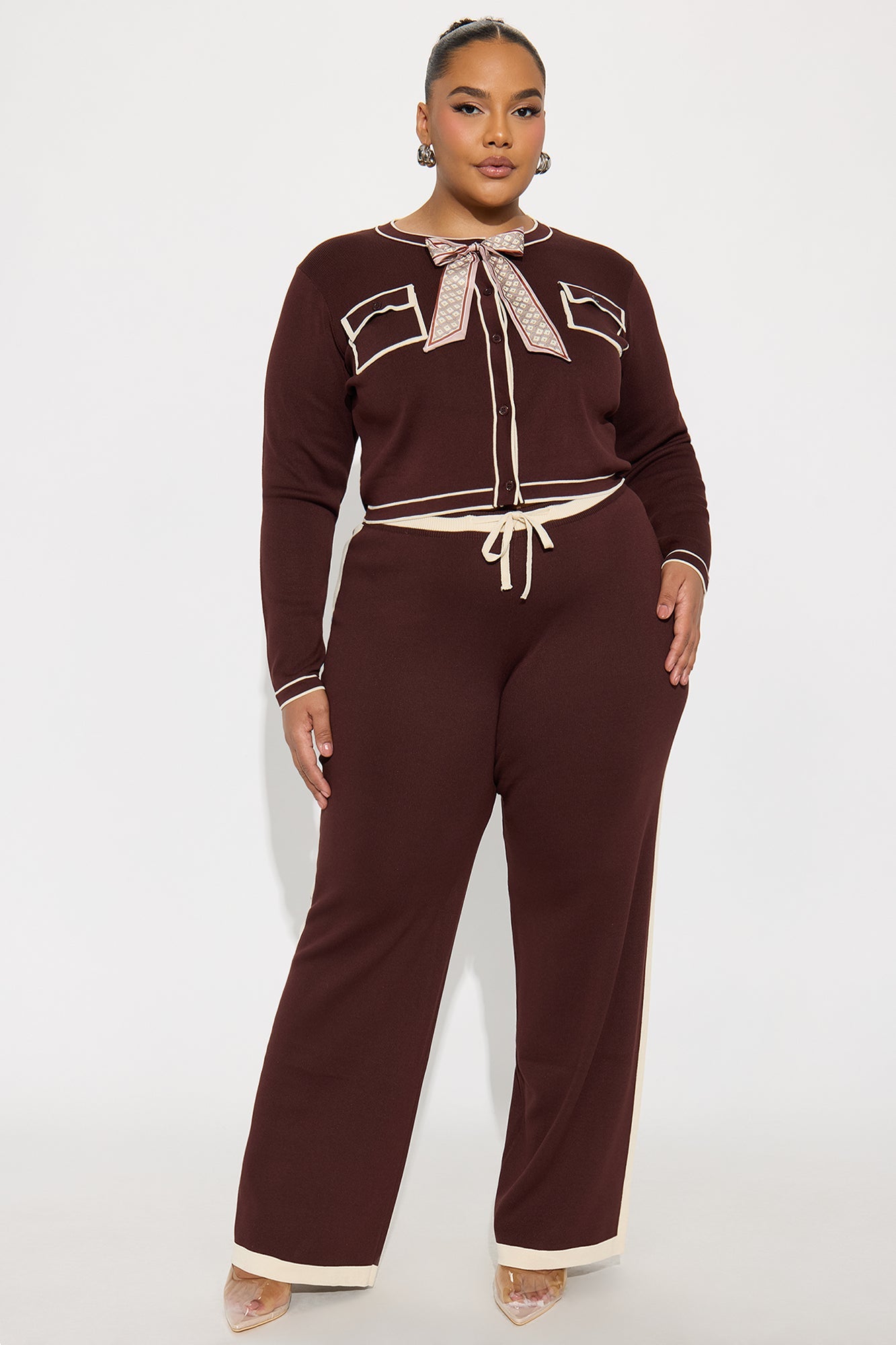 Emma Contrast Trim Sweater Set - Chocolate