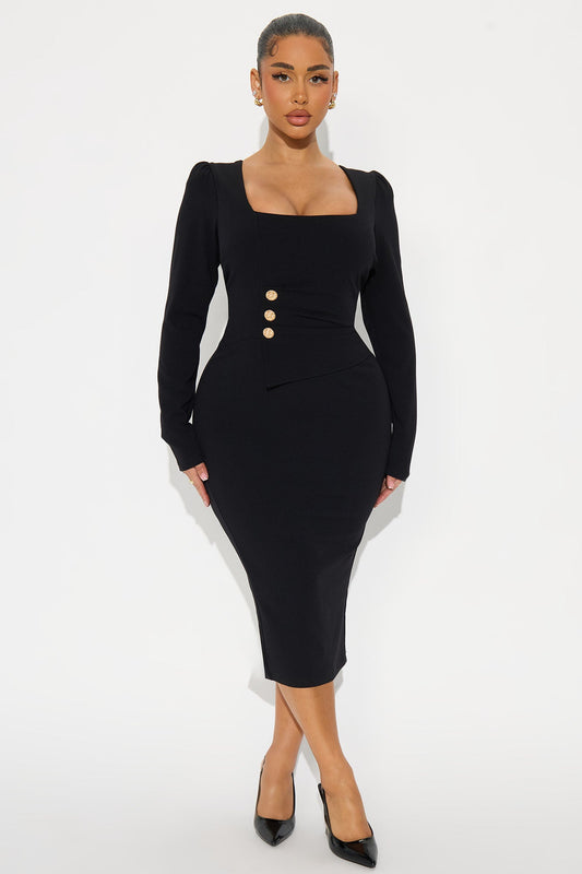 Presley Long Sleeve Midi Dress - Black