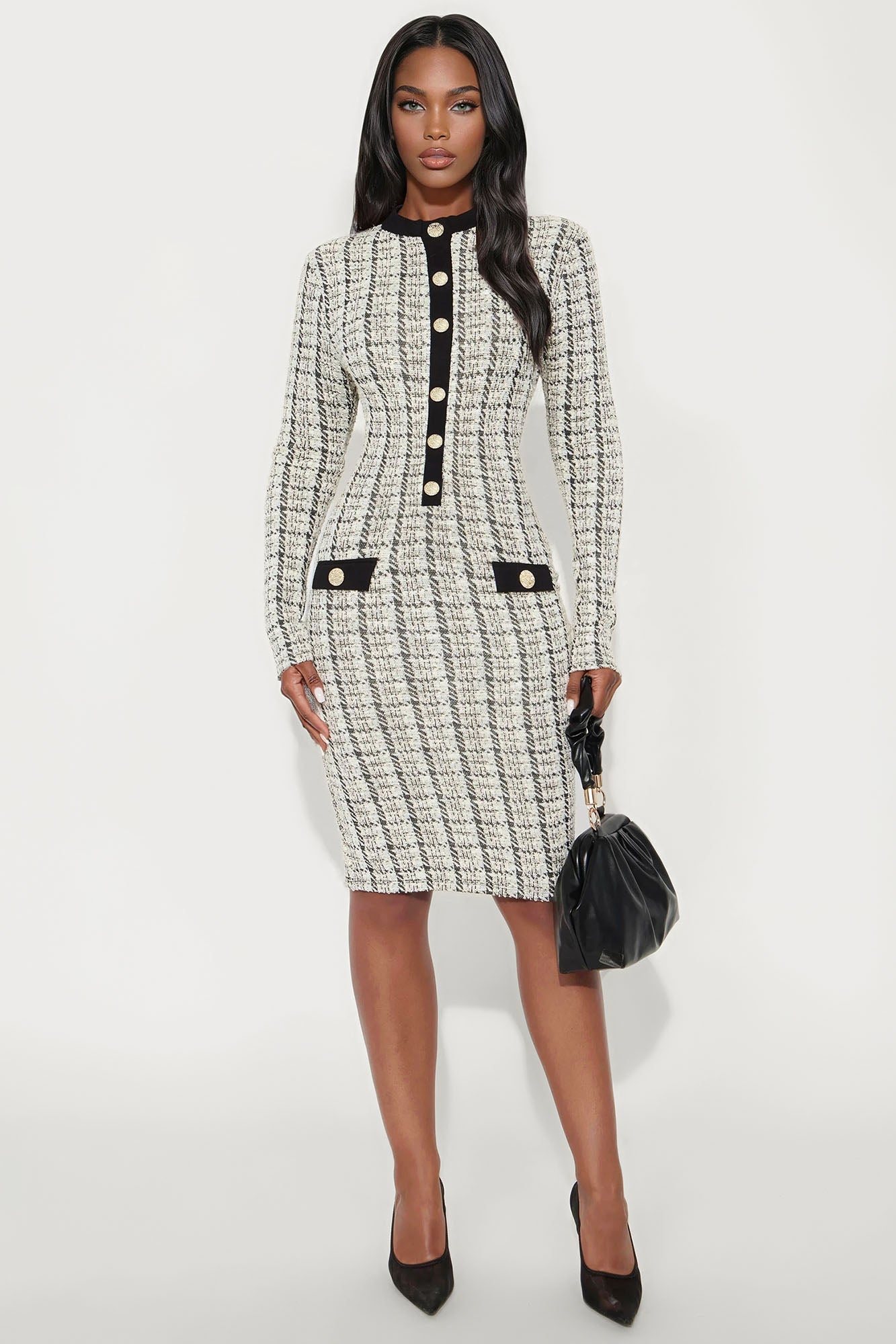 Marissa Tweed Long Sleeve Midi Dress - White/Black