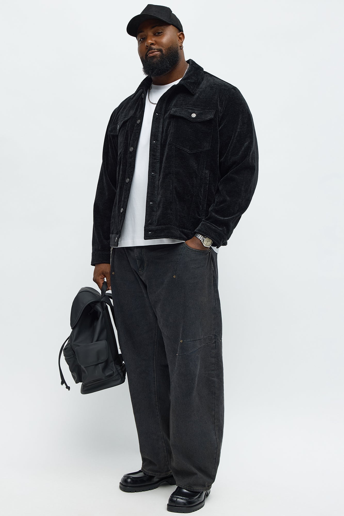 Textured Heathered Velvet Trucker Jacket - Black