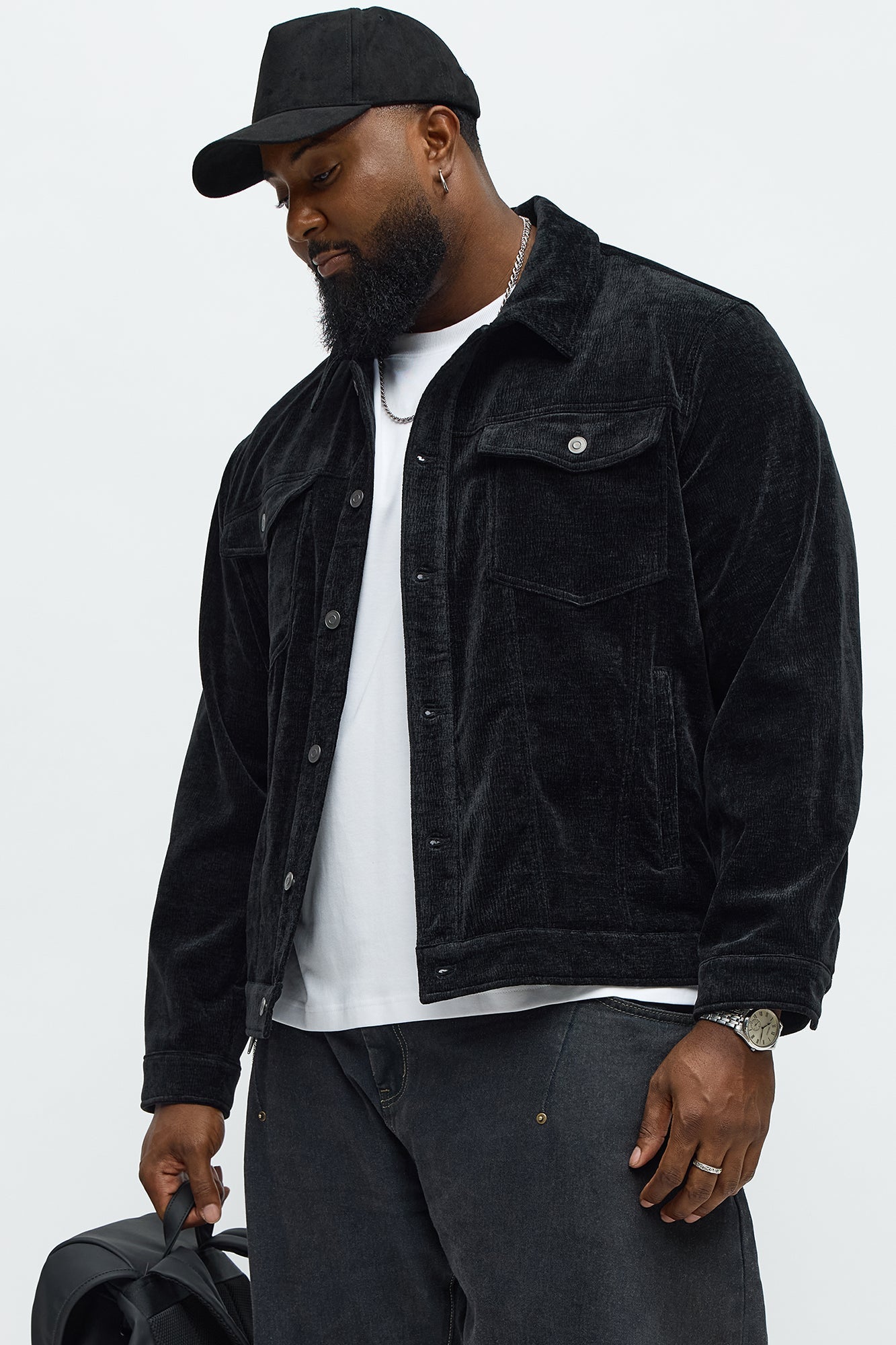Textured Heathered Velvet Trucker Jacket - Black