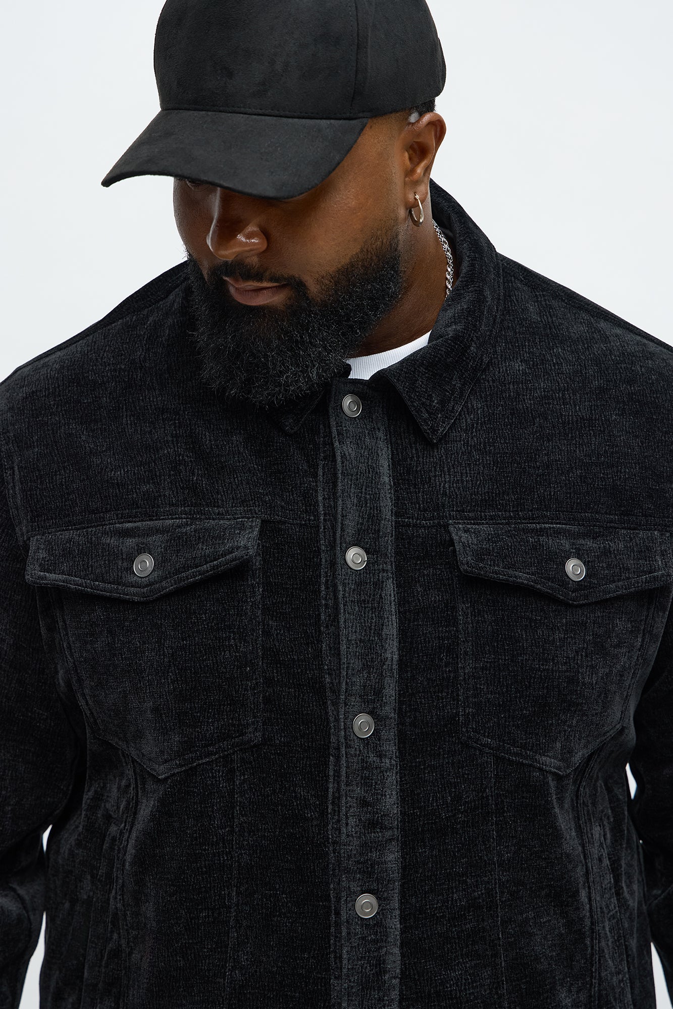 Textured Heathered Velvet Trucker Jacket - Black