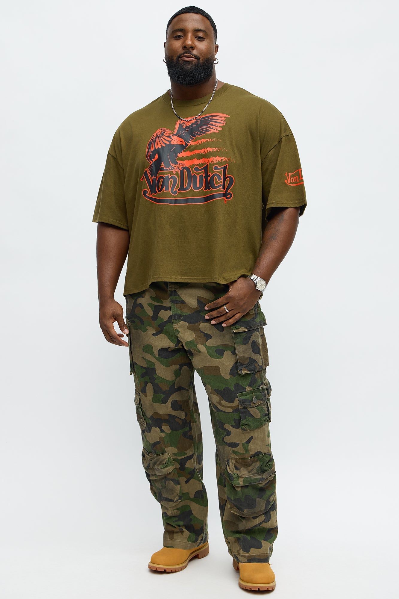 Oversized Cropped Von Dutch Fly High Tee - Olive